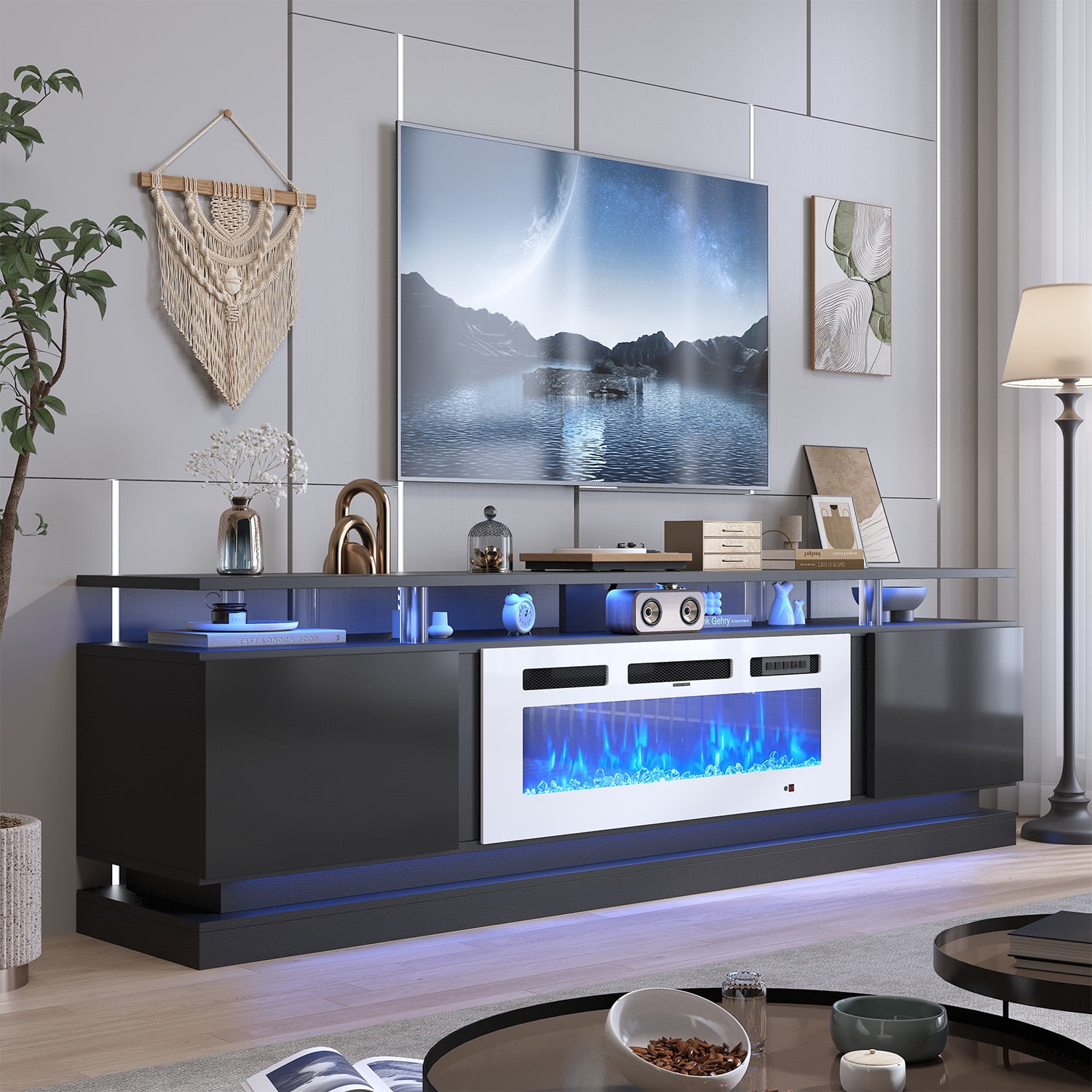 BaPiPro 80" Modern Electric Fireplace TV Stand for TVs up to 90", Entertainment Center with Music Sync LED Lights & Storage Cabinets, Media Console for Living Room, Black & White