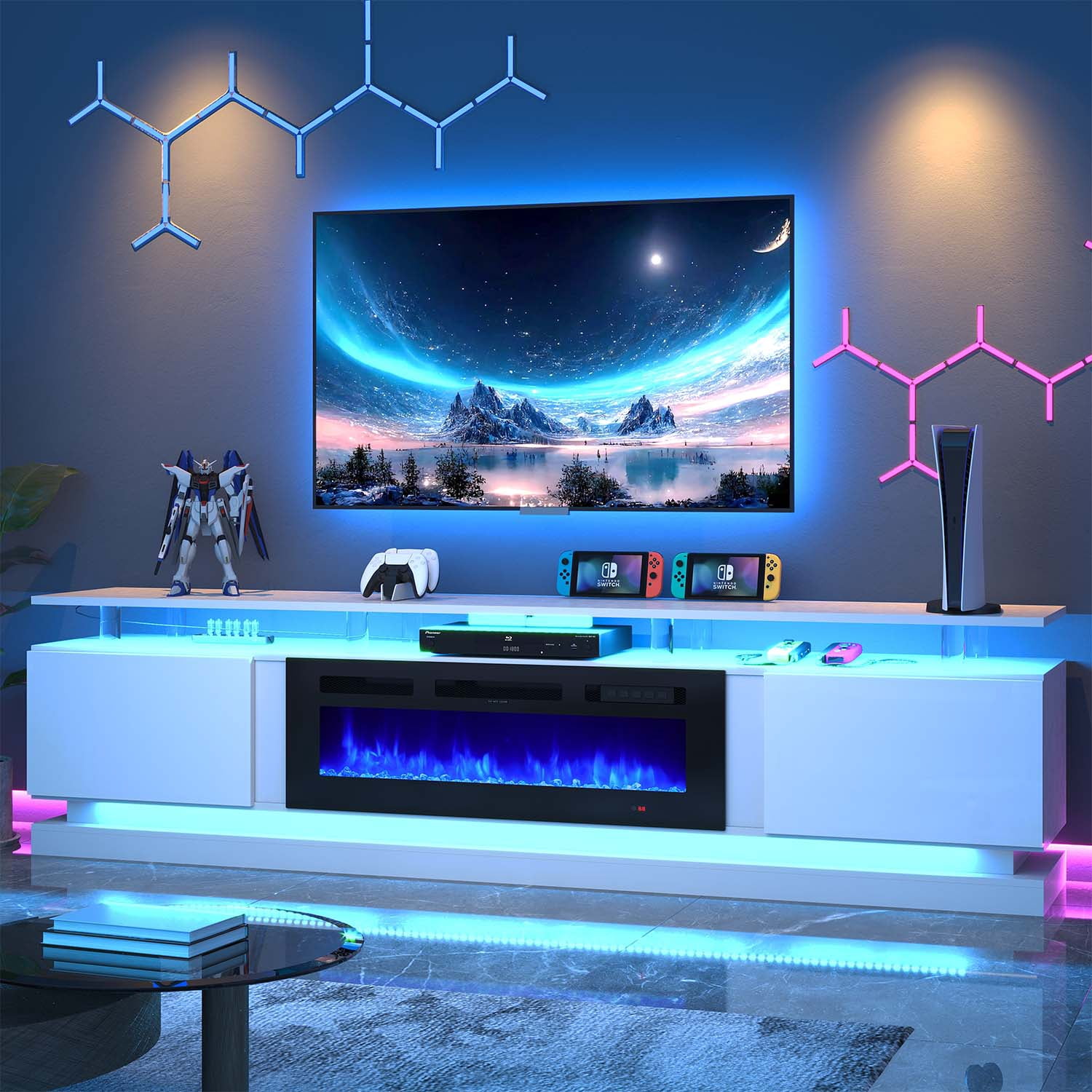 BaPiPro 80" Fireplace TV Stand for TVs up to 90", Modern Entertainment Center TV Console with Storage for Living Room, White TV Stand and Black Fireplace