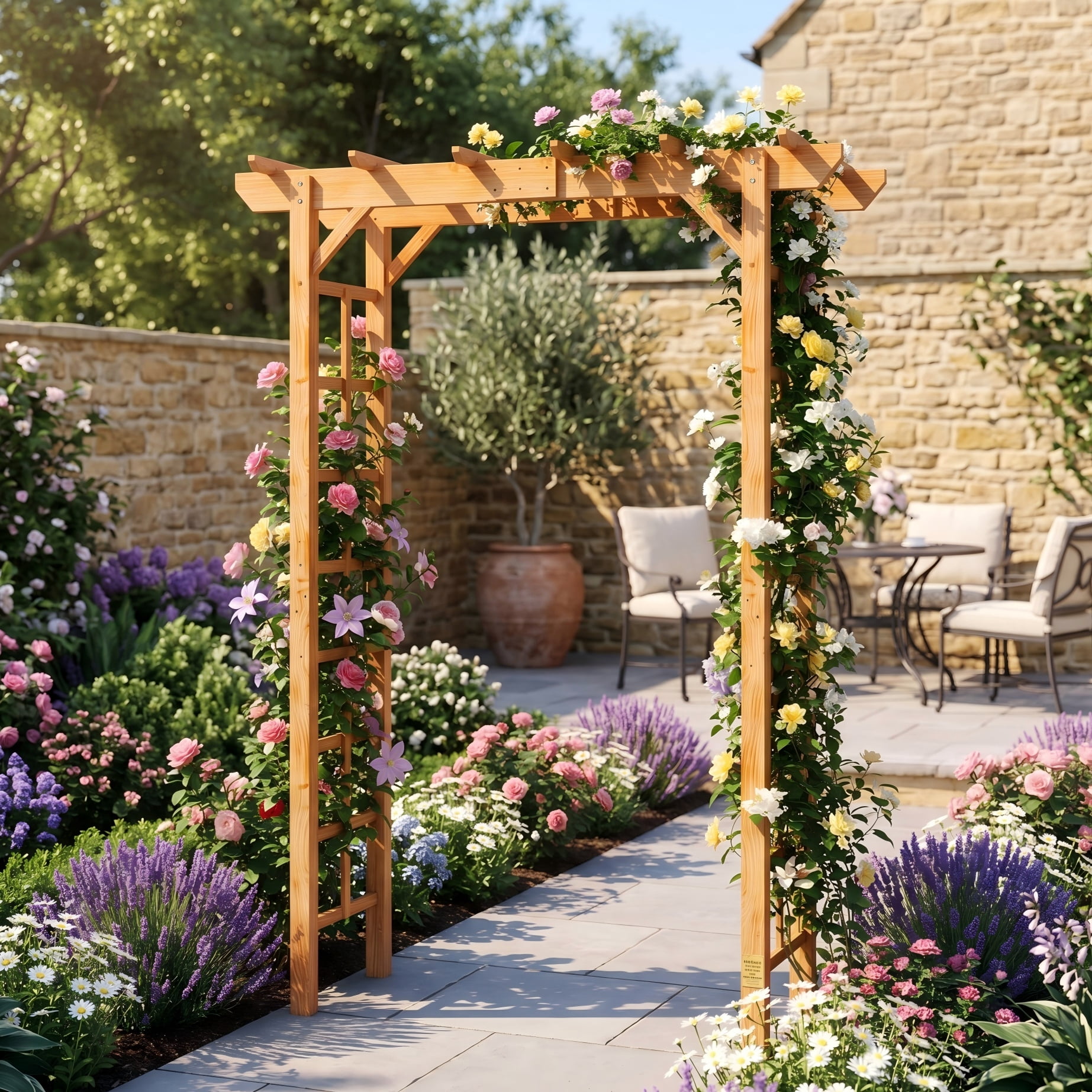 BaPiPro 85" Wooden Garden Arbor Trellis, Outdoor Wedding Arch for Ceremony, Pergola Arch with Climbing Plant Support for Garden Backyard, Lawn
