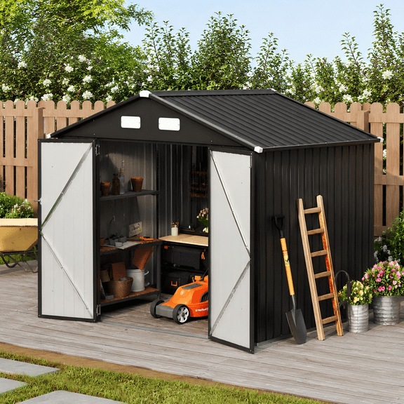BaPiPro 8x6 FT Outdoor Storage Shed, Metal Shed Lockable Garden Tool Shed with Double Doors for Lawn Mower & Bike, Weather Resistant Patio Backyard Storage, Black