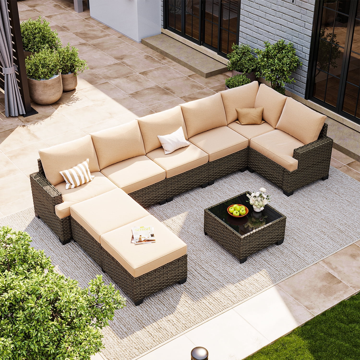 BaPiPro 9-Piece Outdoor Rattan Modular Patio Sofa Set with Thick Beige Cushions, Multi-Use Ottoman and Easy-Clean Coffee Table for Garden and Patio Leisure Use