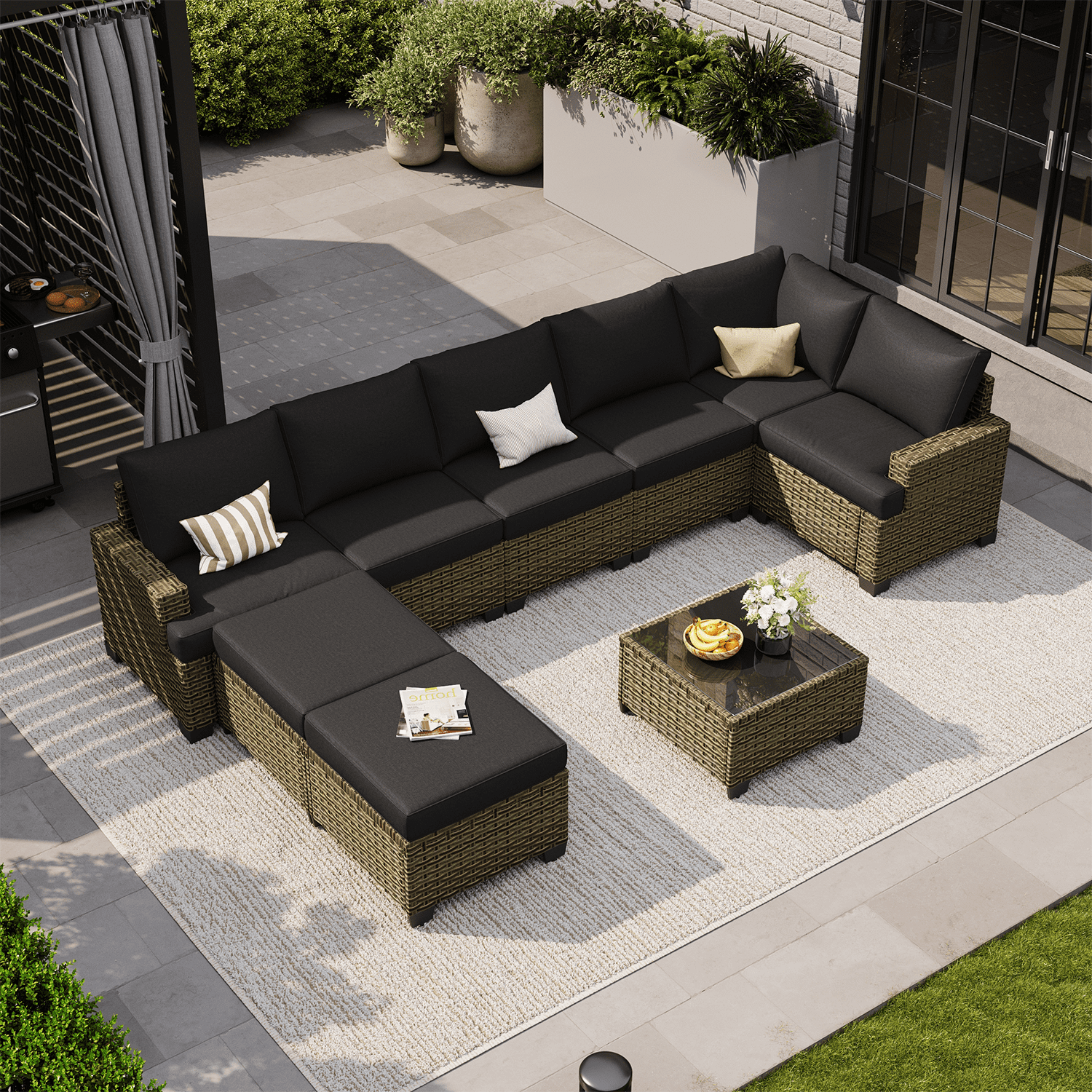 BaPiPro 9-Piece Outdoor Rattan Modular Patio Sofa Set with Thick Black Cushions, Multi-Use Ottoman and Easy-Clean Coffee Table for Garden and Patio Leisure Use