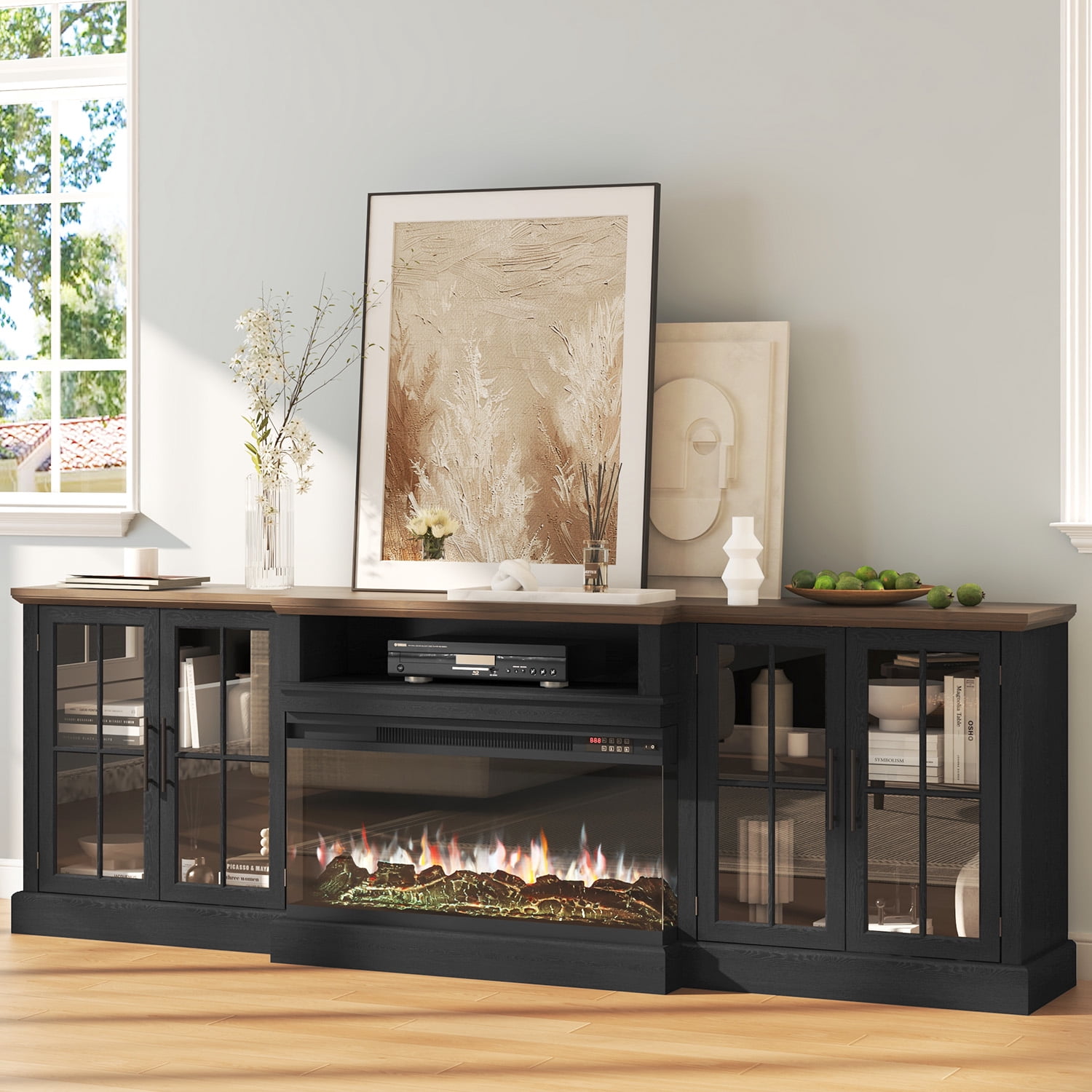 BaPiPro 98" Fireplace TV Stand for TVs up to 100", Large Farmhouse Media Entertainment Center with 36" Electric Fireplace for Living Room, Black
