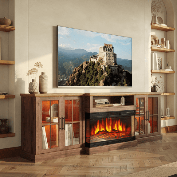 BaPiPro 98" Fireplace TV Stand for TVs up to 100", Large Farmhouse Media Entertainment Center with 36" Electric Fireplace for Living Room, Rustic Brown
