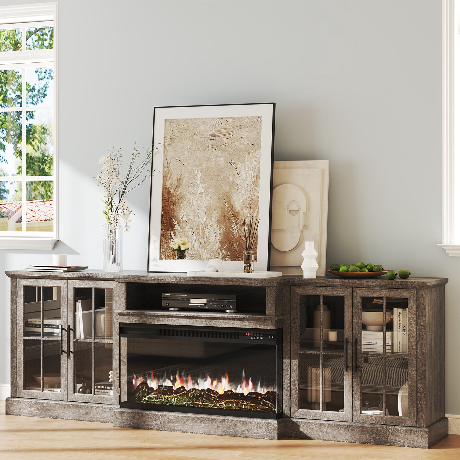 BaPiPro 98" Farmhouse TV Stand with 36" Electric Fireplace, Large Media Entertainment Center for TVs up to 100", Fireplace TV Stand with Storage Cabinets for Living Room, Gray