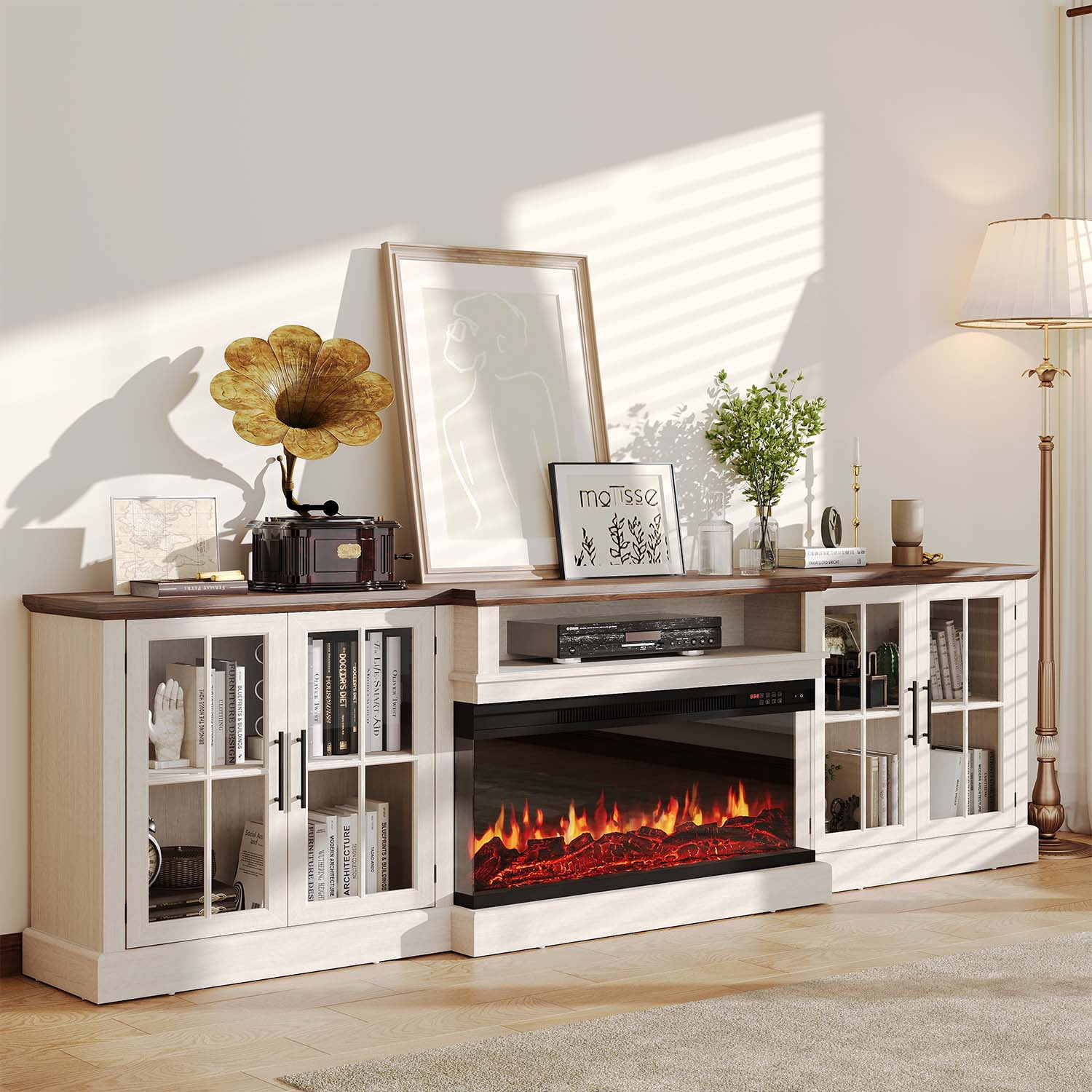 BaPiPro 98" Farmhouse TV Stand with 36" Electric Fireplace, Large Media Entertainment Center for TVs up to 100", Fireplace TV Stand with Storage Cabinets for Living Room, White