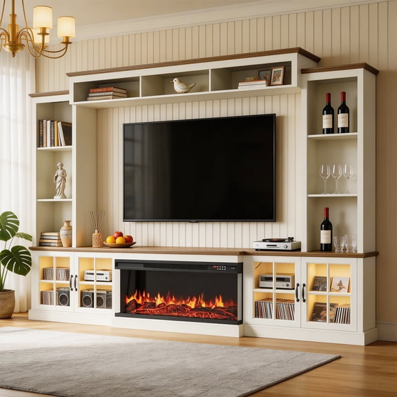 BaPiPro 98" Farmhouse TV Stand with Fireplace, Bookshelf, Entertainment Center for 75" TVs with Storage, Large Wall Unit Media Console for Living Room, White