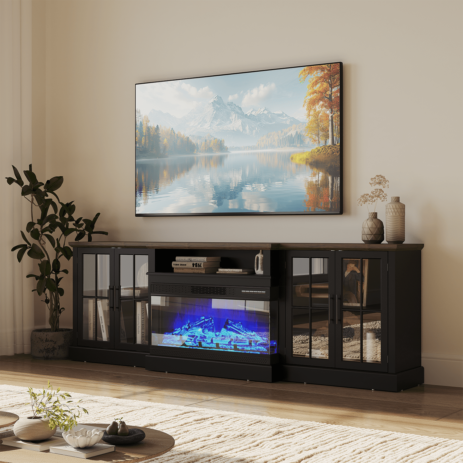BaPiPro 98" Farmhouse TV Stand with Fireplace for TVs up to 100", Black Fireplace TV Stand Media Entertainment Center with Large Storage Cabinets for Living Room, Black