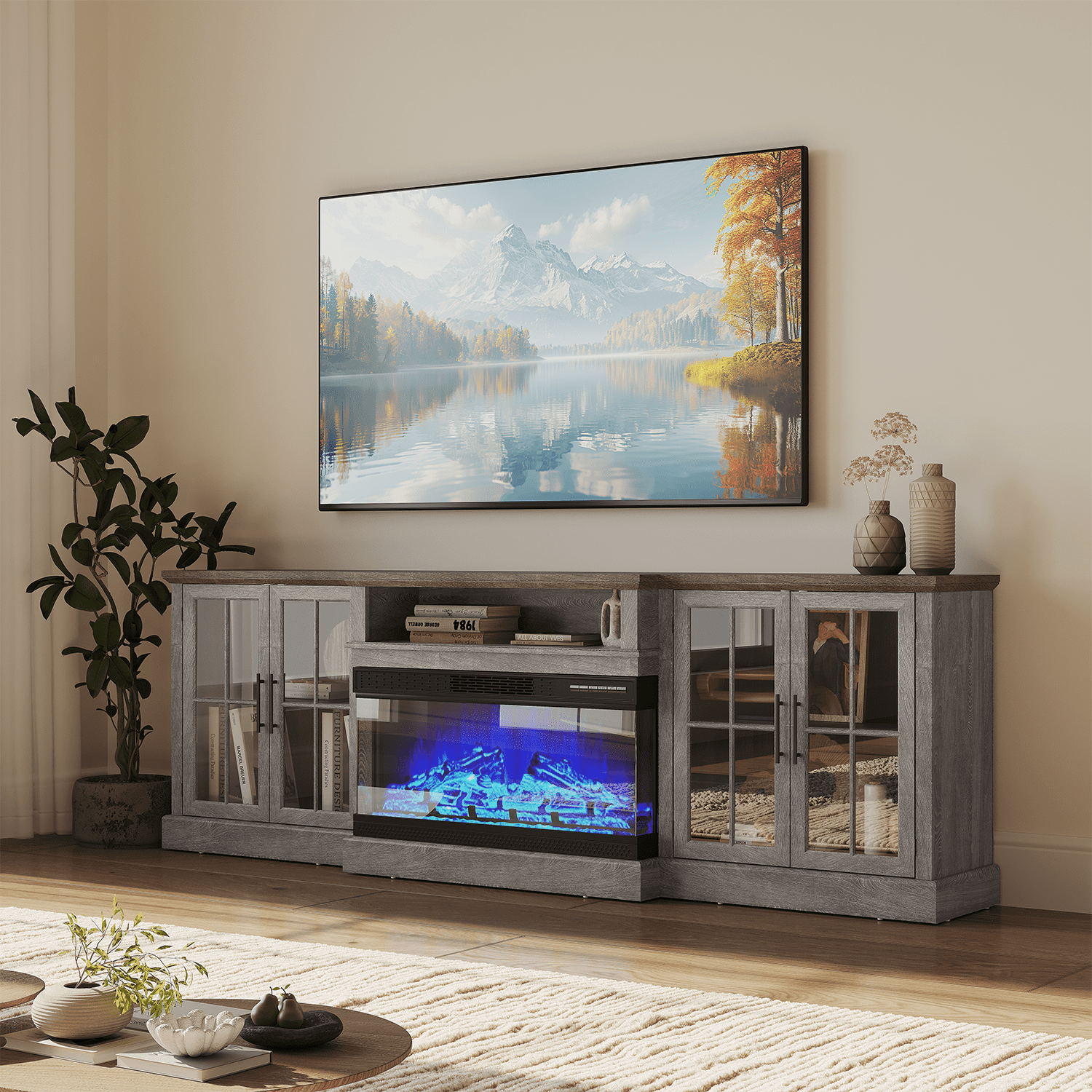 BaPiPro 98" Farmhouse TV Stand with Fireplace for TVs up to 100", Black Fireplace TV Stand Media Entertainment Center with Large Storage Cabinets for Living Room, Gray