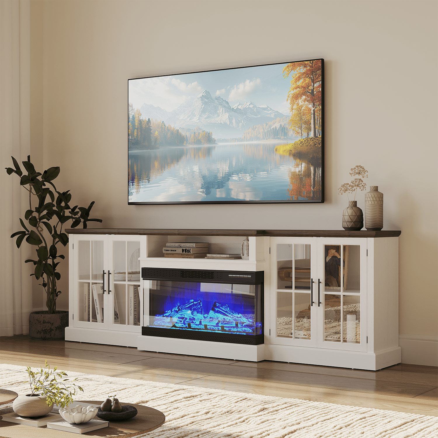 BaPiPro 98" Farmhouse TV Stand with Fireplace for TVs up to 100", Black Fireplace TV Stand Media Entertainment Center with Large Storage Cabinets for Living Room, White