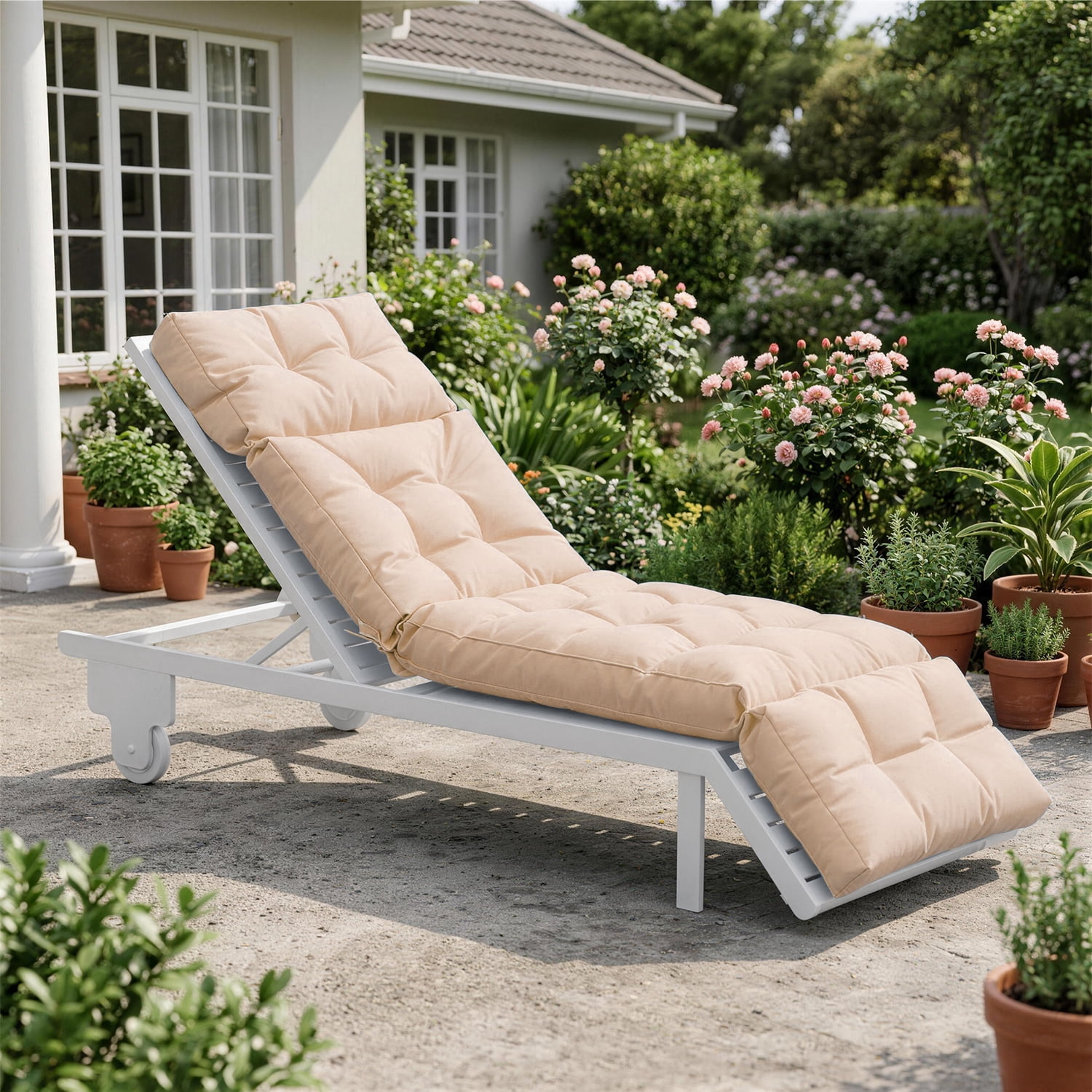 BaPiPro All-Weather Outdoor Chaise Lounge Cushion, Secure-Tie Patio Recliner Cushion with Plush PP Cotton Support for Patio, Poolside & Balcony, Beige
