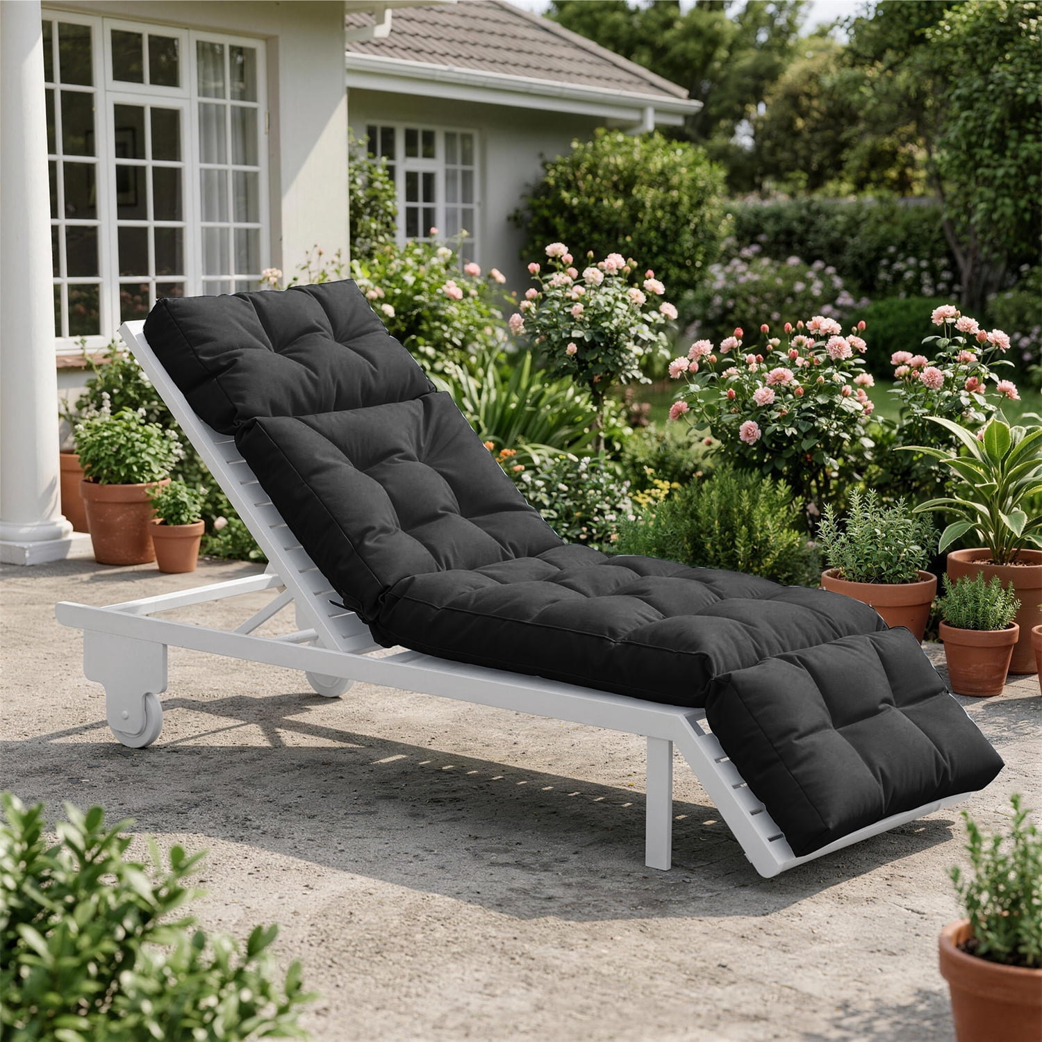 BaPiPro All-Weather Outdoor Chaise Lounge Cushion, Secure-Tie Patio Recliner Cushion with Plush PP Cotton Support for Patio, Poolside & Balcony, Black