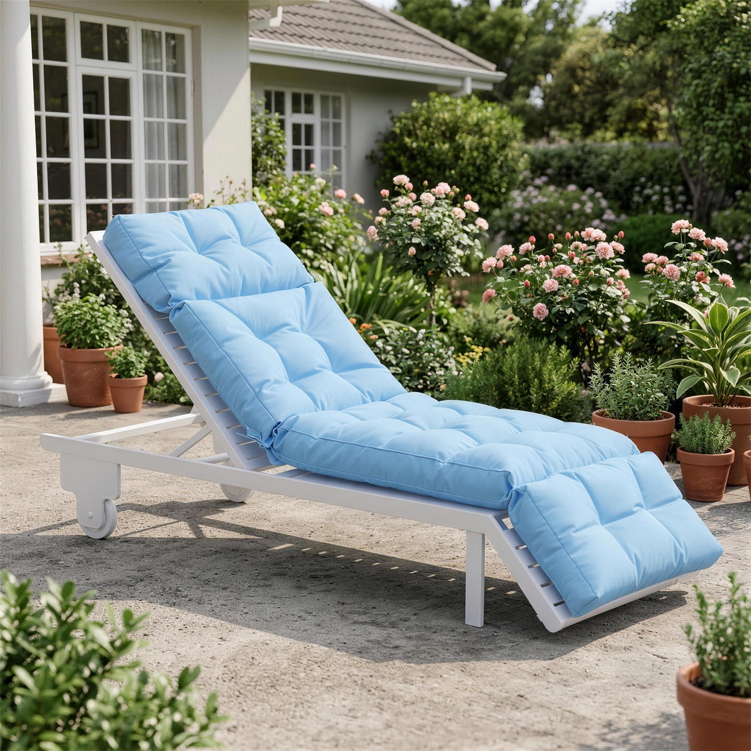 BaPiPro All-Weather Outdoor Chaise Lounge Cushion, Secure-Tie Patio Recliner Cushion with Plush PP Cotton Support for Patio, Poolside & Balcony, Sky Blue