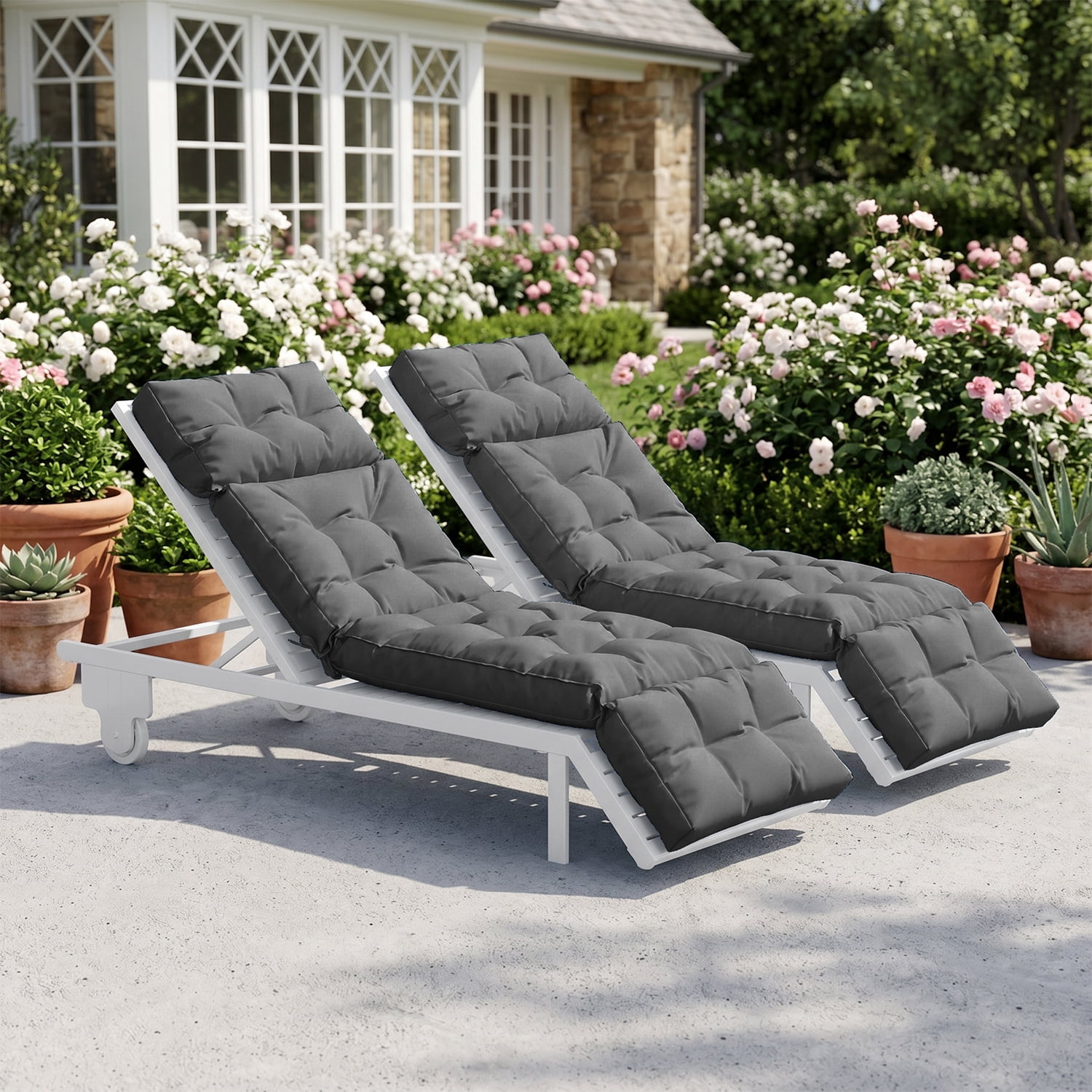 BaPiPro All-Weather Outdoor Chaise Lounge Cushion Set of 2, Secure-Tie Patio Recliner Cushion with Plush PP Cotton Support for Patio, Poolside & Balcony, Gray