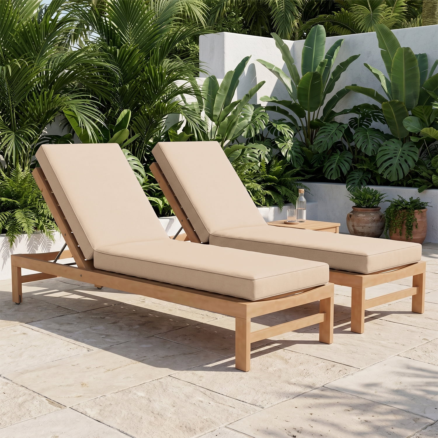 BaPiPro Beige 2‑Pack All‑Weather Outdoor Chaise Lounge Cushions, Waterproof High‑Density Patio Recliner Pads, Detachable Zipper Covers & Anti‑Slip Tie‑Downs, High‑Rebound Foam for Pool Garden Patio