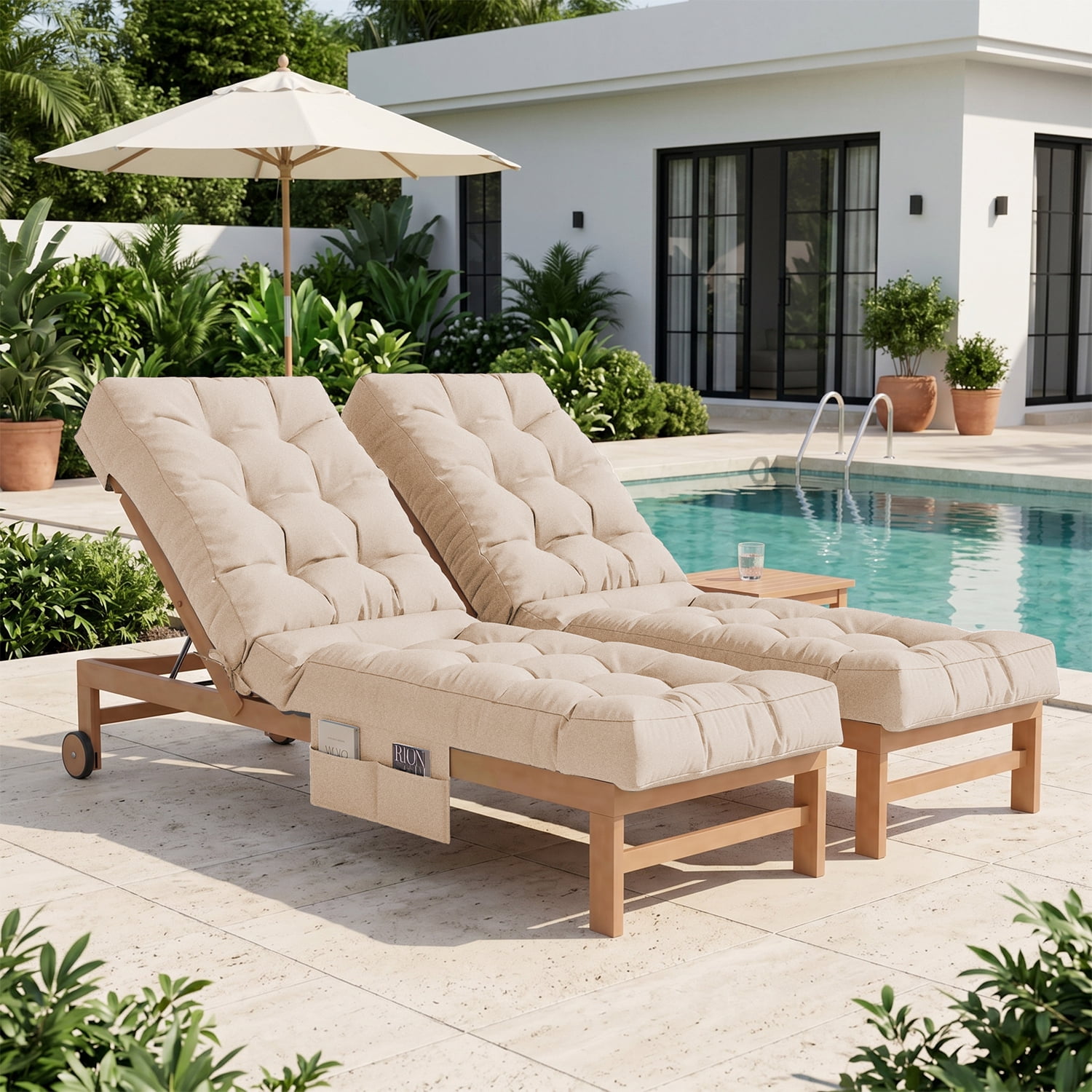 BaPiPro Beige 2-Pack Outdoor Chaise Lounge Cushion with Side Pocket, Triple Non-Slip Fixation, All-Weather Durable & Soft Fabric, Thickened Padding, Ideal for Patio and Poolside Use