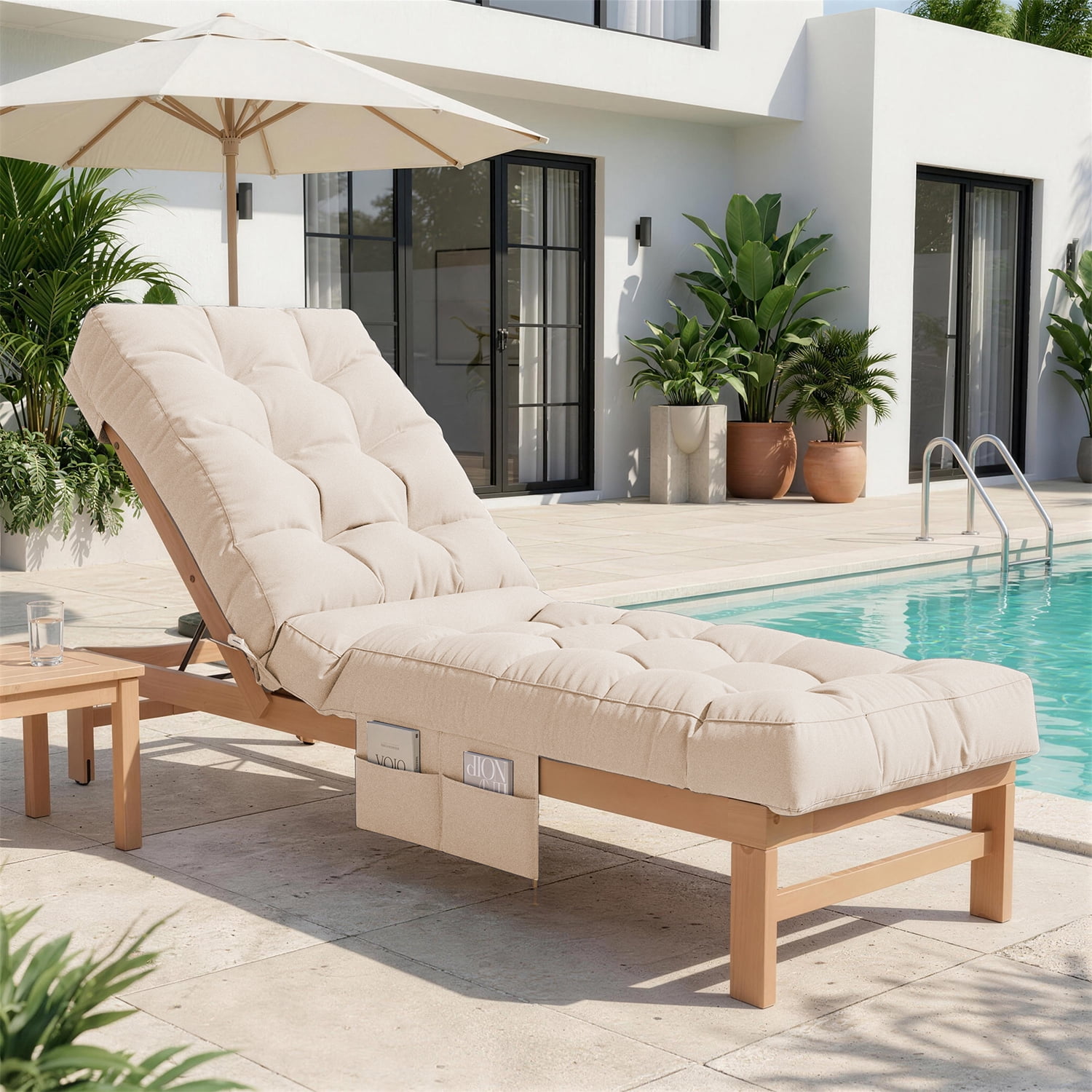 BaPiPro Beige Outdoor Chaise Lounge Cushion with Side Pocket, Triple Non-Slip Fixation, All-Weather Durable & Soft Fabric, Thickened Padding, Ideal for Patio and Poolside Use