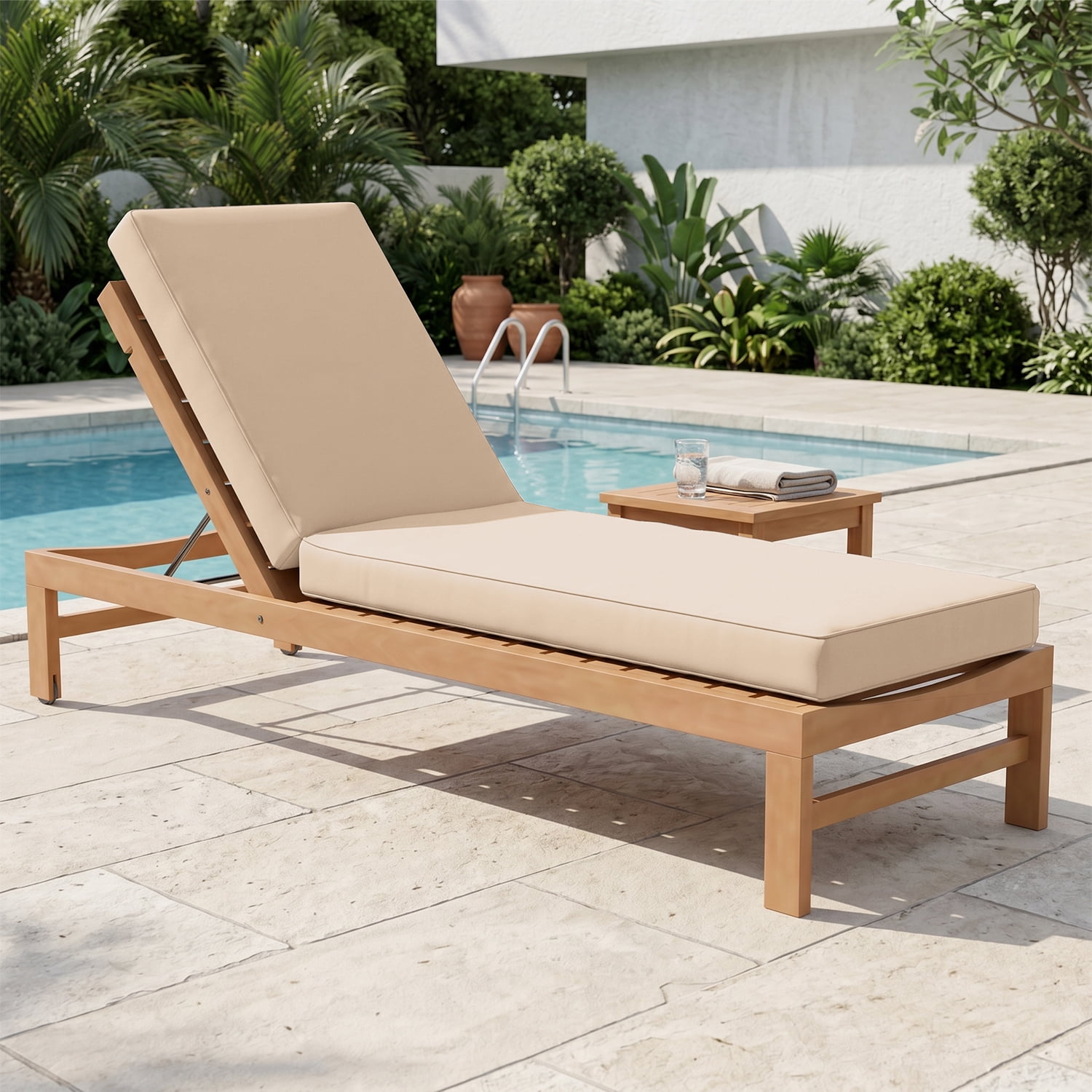 BaPiPro Beige Outdoor Chaise Lounge Cushion, Waterproof Patio Lounge Chair Pad with High-Density Foam, Removable Cover & Secure Ties for Poolside, Garden & Patio