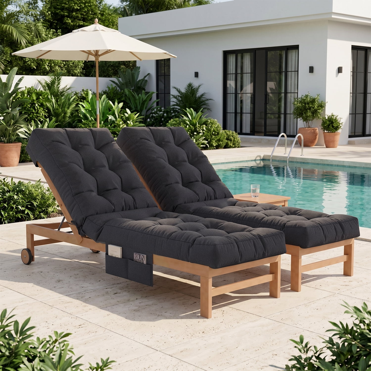 BaPiPro Black 2-Pack Outdoor Chaise Lounge Cushion with Side Pocket, Triple Non-Slip Fixation, All-Weather Durable & Soft Fabric, Thickened Padding, Ideal for Patio and Poolside Use