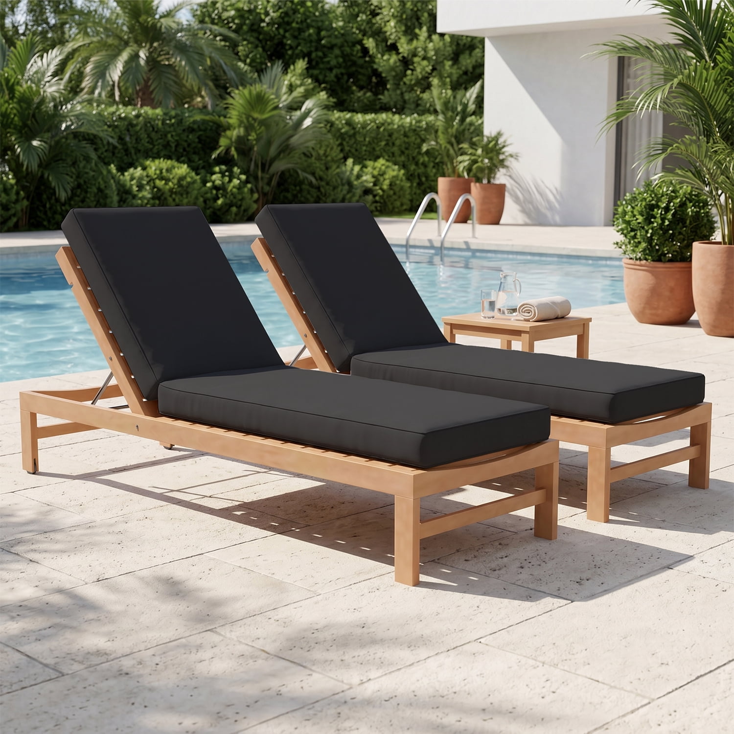 BaPiPro Black 2-Pack Outdoor Chaise Lounge Cushions, Waterproof Patio Lounge Chair Pad with High-Density Foam, Removable Cover & Secure Ties for Poolside, Garden & Patio