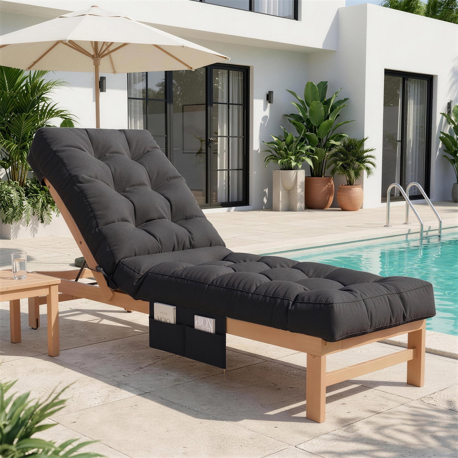 BaPiPro Black Outdoor Chaise Lounge Cushion with Side Pocket, Triple Non-Slip Fixation, All-Weather Durable & Soft Fabric, Thickened Padding, Ideal for Patio and Poolside Use
