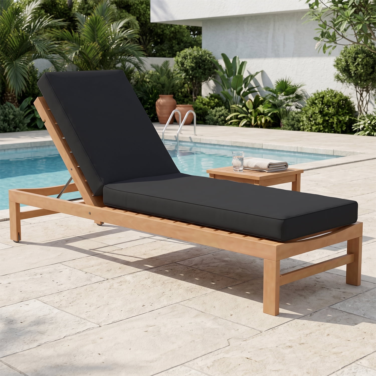 BaPiPro Black Outdoor Chaise Lounge Cushion, Waterproof Patio Lounge Chair Pad with High-Density Foam, Removable Cover & Secure Ties for Poolside, Garden & Patio