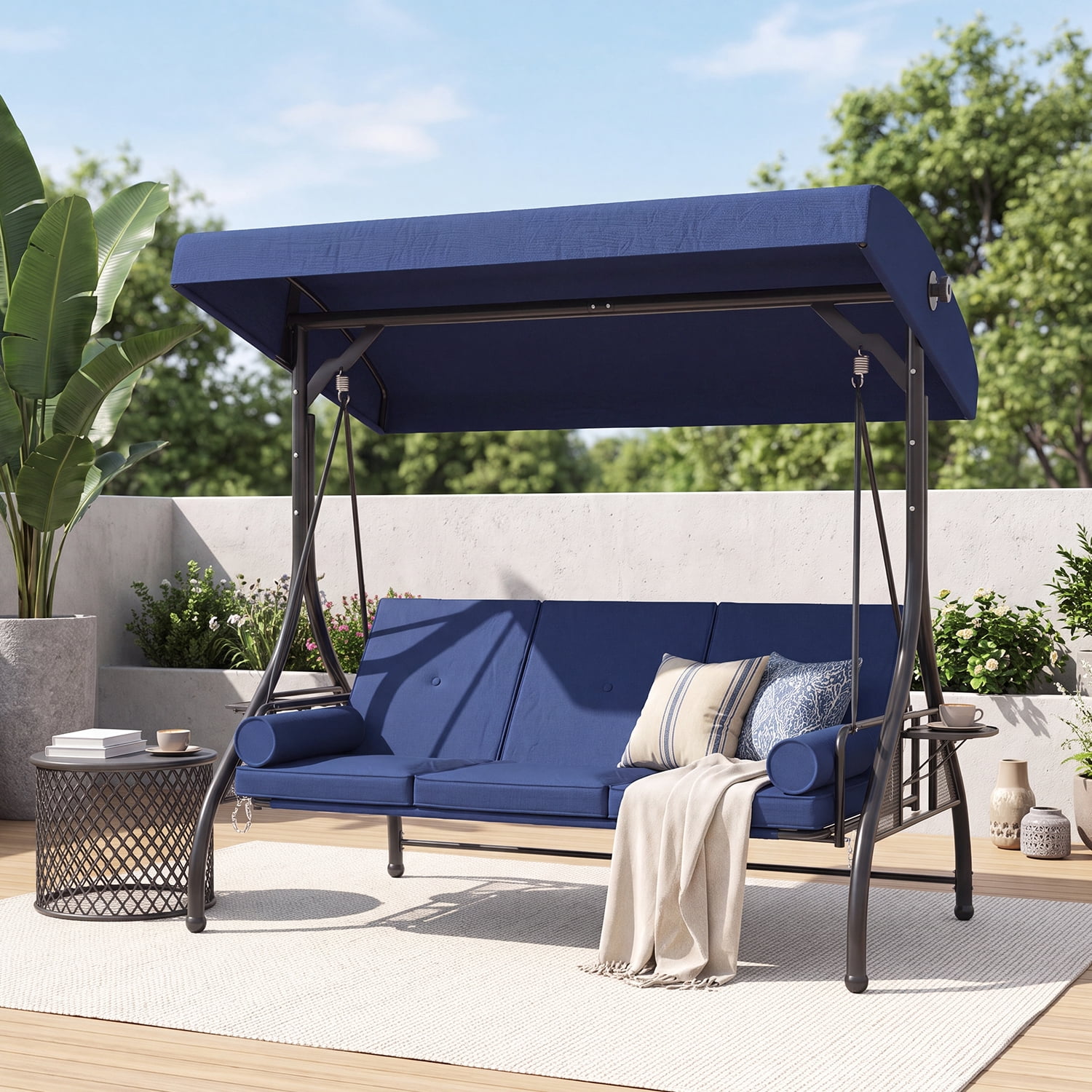 BaPiPro Blue 3-Seat Metal Outdoor Patio Swing, 2-in-1 Convertible Swing Bed with Adjustable Canopy, Removable Cushions & Foldable Side Table for Garden Porch Deck