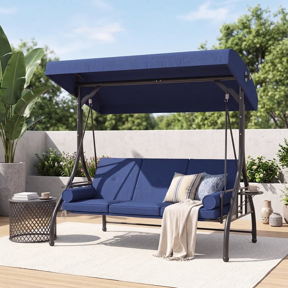 BaPiPro Blue 3-Seat Metal Outdoor Patio Swing, 2-in-1 Convertible Swing Bed with Adjustable Canopy, Removable Cushions & Foldable Side Table for Garden Porch Deck