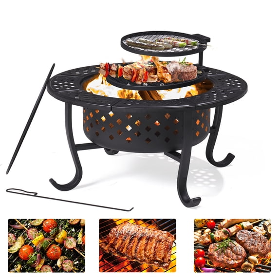 BaPiPro Fire Pit, 36.2 inch Fire Pits for Outside, Metal Round Outdoor Firepit with 2 Grill, Black