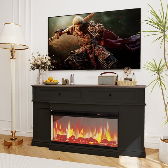 BaPiPro Fireplace TV Stand with 3D Flame Electric Fireplace Heater for up to 75" TV, Farmhouse Entertainment Center with 36″Fireplace for Living Room, White
