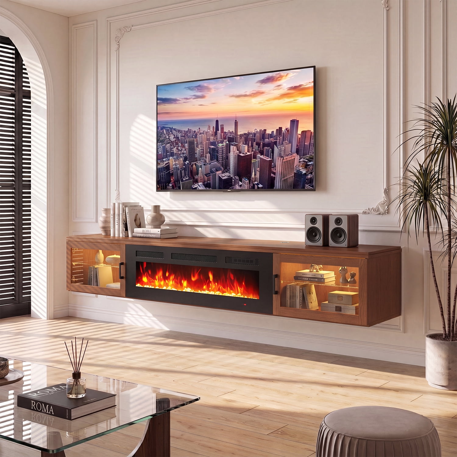 BaPiPro Floating TV Stand with fireplace for TV's up to 80", 70" Wall Mounted Floating Entertainment Center with LED Lights, Modern Fireplace TV Console for Living Room, Brown