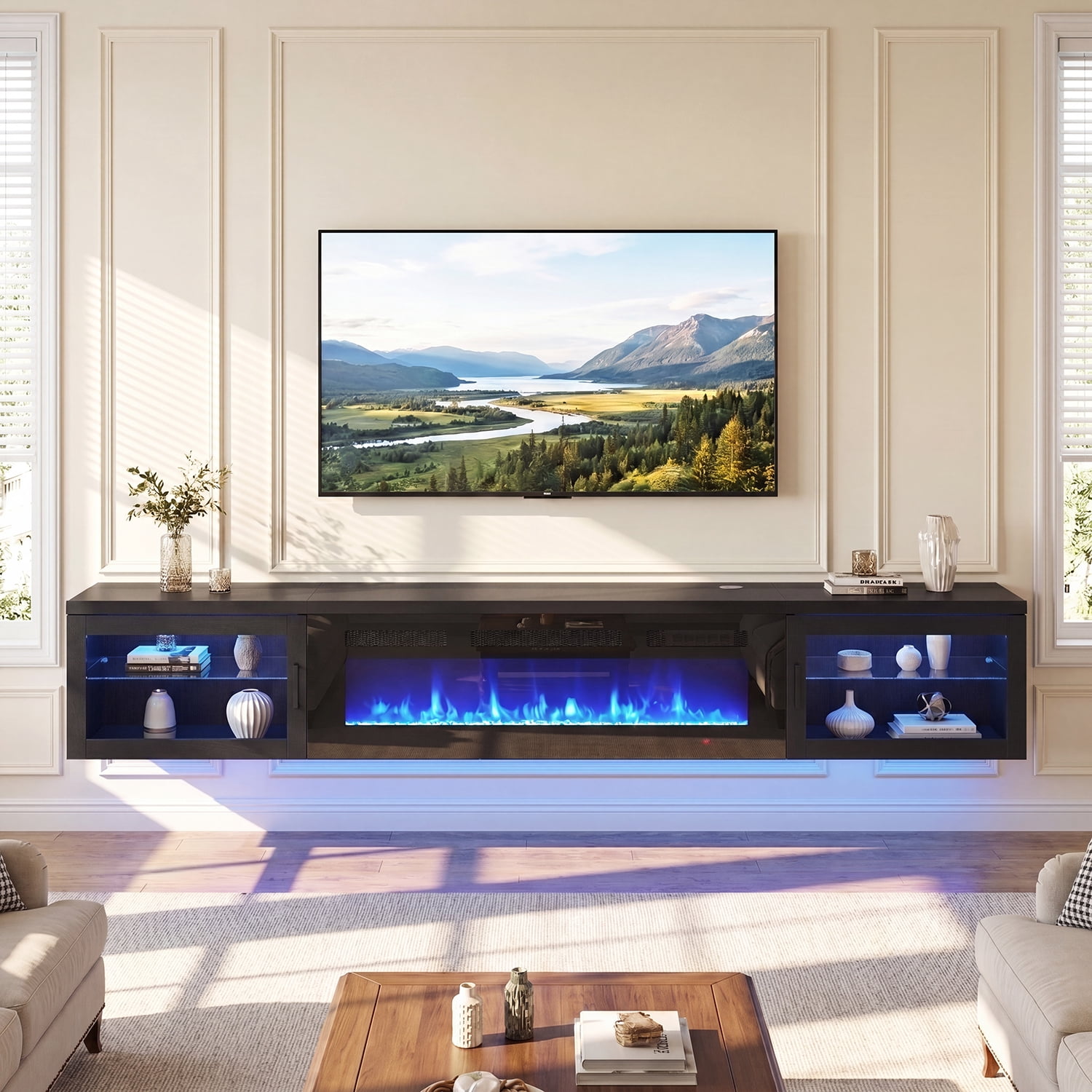 BaPiPro Floating TV Stand with fireplace for TV's up to 90", 80" Wall Mounted Floating Entertainment Center with LED Lights, Modern Fireplace TV Console for Living Room, Black