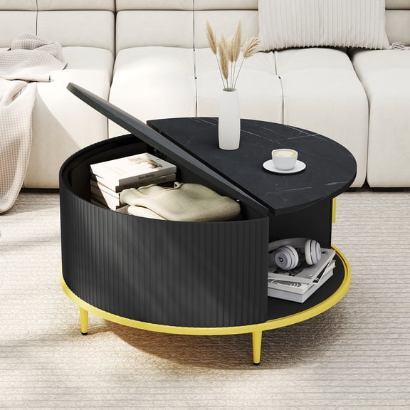 BaPiPro Flutted Wooden Round Coffee Table with Storage and Sliding Door, Mid Century Modern Center Table with Flip Top for Living Room, Black