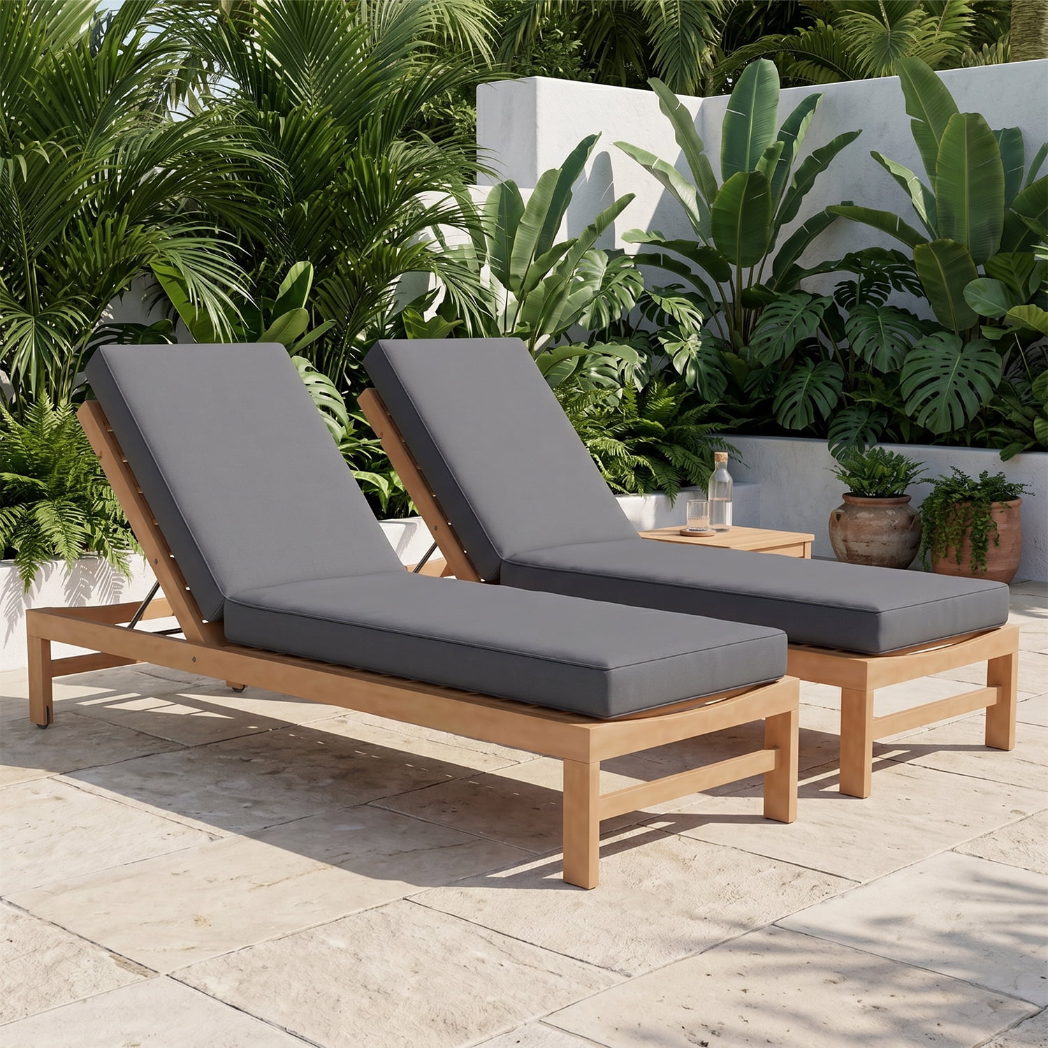 BaPiPro Gray 2‑Pack All‑Weather Outdoor Chaise Lounge Cushions, Waterproof High‑Density Patio Recliner Pads, Detachable Zipper Covers & Anti‑Slip Tie‑Downs, High‑Rebound Foam for Pool Garden Patio