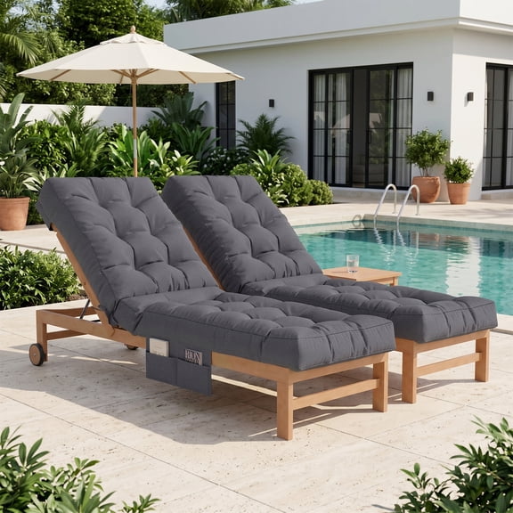 BaPiPro Gray 2-Pack Outdoor Chaise Lounge Cushion with Side Pocket, Triple Non-Slip Fixation, All-Weather Durable & Soft Fabric, Thickened Padding, Ideal for Patio and Poolside Use