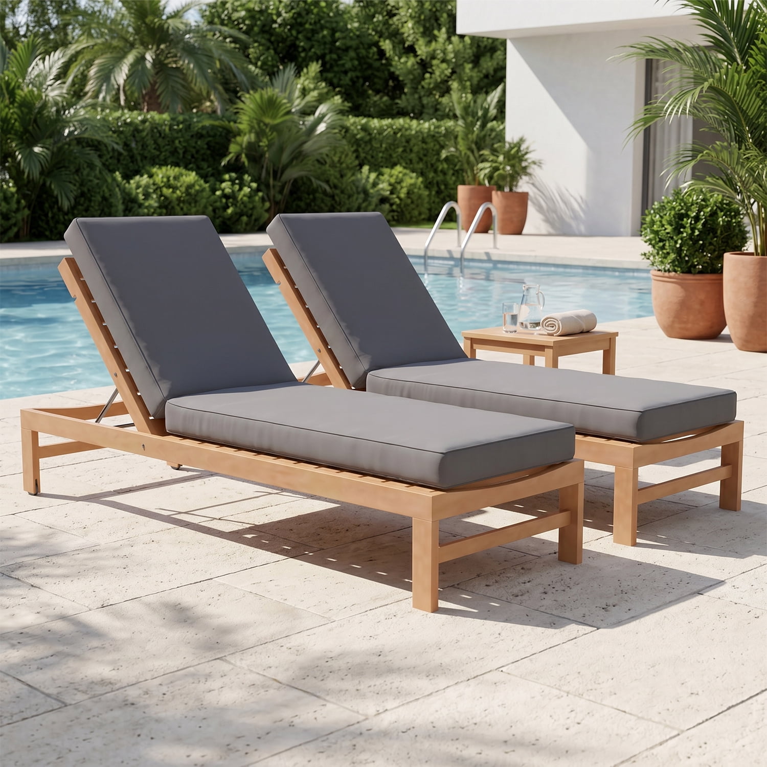 BaPiPro Gray 2-Pack Outdoor Chaise Lounge Cushions, Waterproof Patio Lounge Chair Pad with High-Density Foam, Removable Cover & Secure Ties for Poolside, Garden & Patio