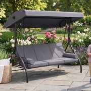 BaPiPro Gray 3-Seat Metal Outdoor Patio Swing, 2-in-1 Convertible Swing Bed with Adjustable Canopy, Removable Cushions & Foldable Side Table for Garden Porch Deck