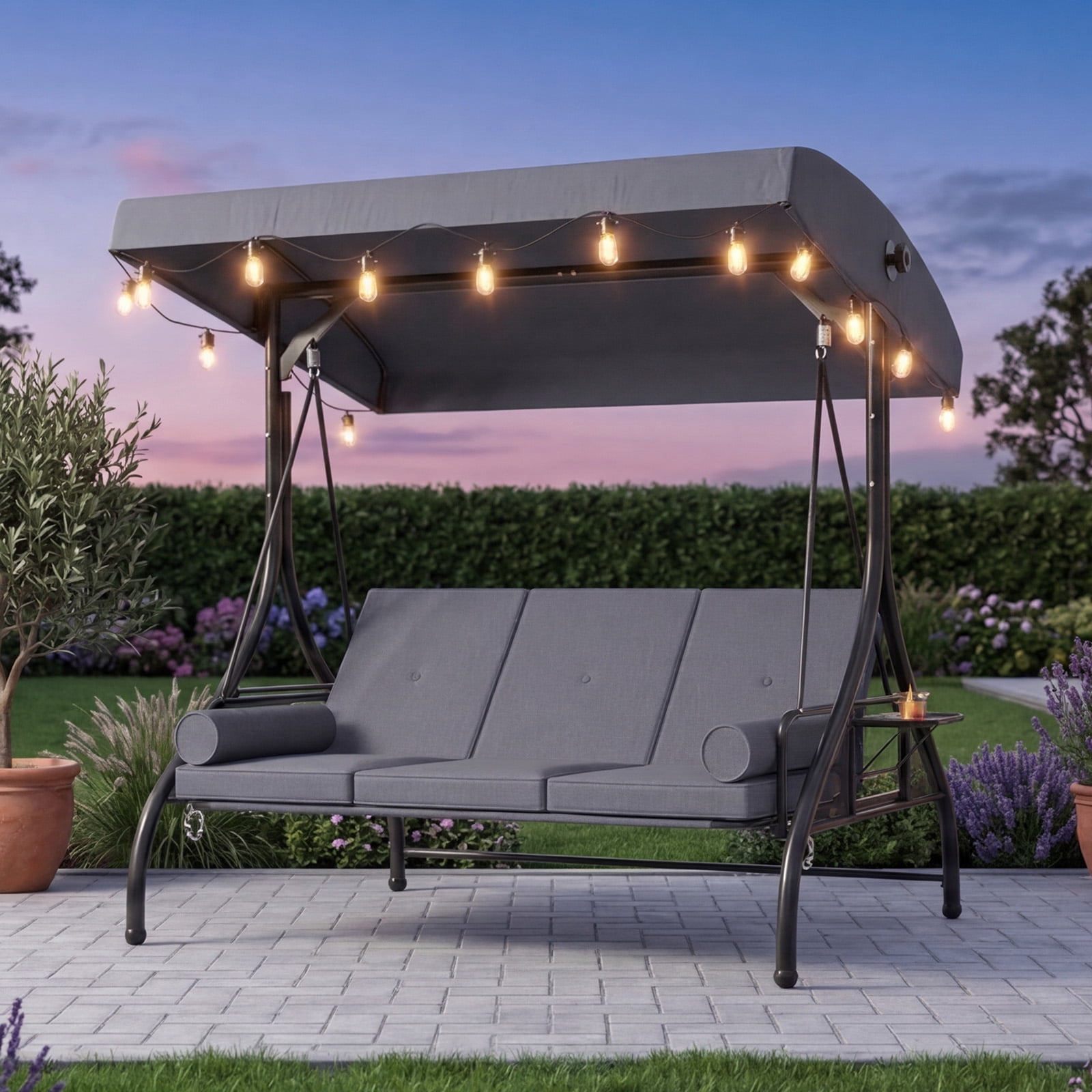 BaPiPro Gray 3-Seat Metal Outdoor Patio Swing with String Lighting, 2-in-1 Convertible Swing Bed, Adjustable Canopy, Removable Cushions & Foldable Side Table for Garden Porch Deck