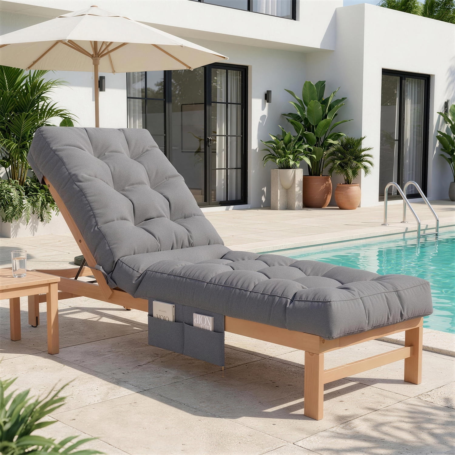 BaPiPro Gray Outdoor Chaise Lounge Cushion with Side Pocket, Triple Non-Slip Fixation, All-Weather Durable & Soft Fabric, Thickened Padding, Ideal for Patio and Poolside Use