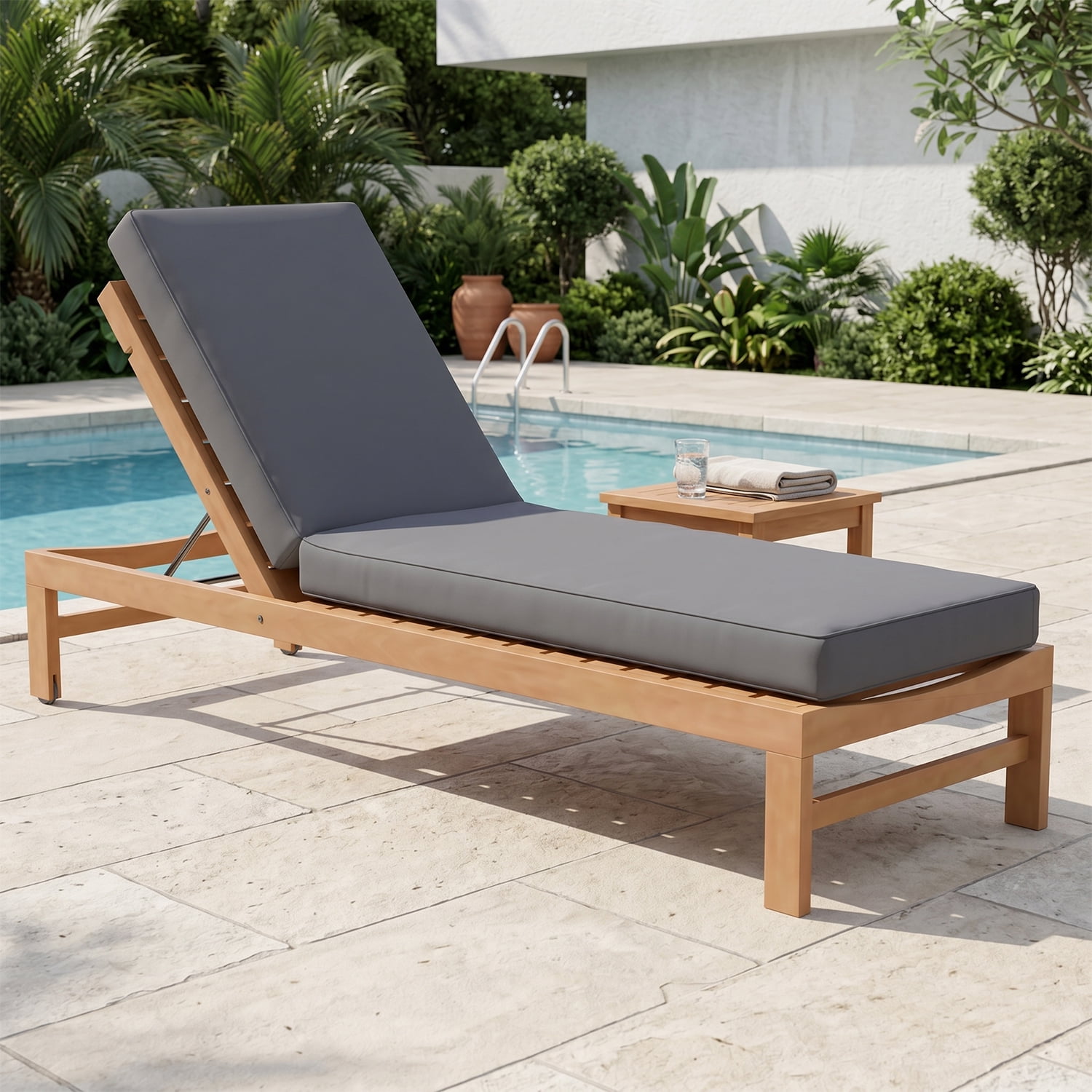 BaPiPro Gray Outdoor Chaise Lounge Cushion, Waterproof Patio Lounge Chair Pad with High-Density Foam, Removable Cover & Secure Ties for Poolside, Garden & Patio