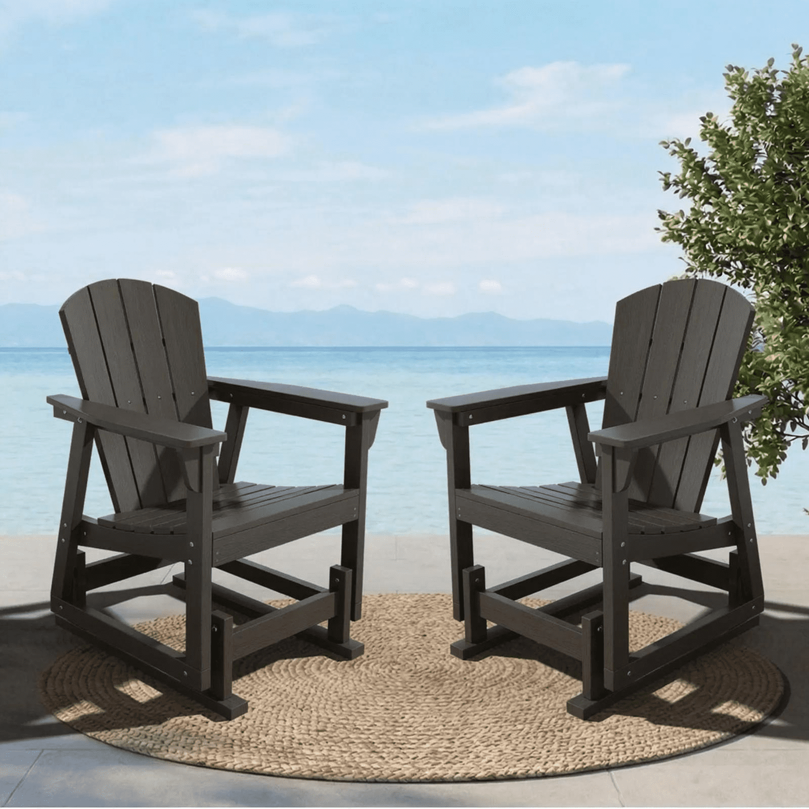 BaPiPro HDPE Adirondack Outdoor Glider Chair, Ergonomic High Back Wide Armrests All-Weather Patio Rocking Chair for Lawn Garden Porch Backyard, Black