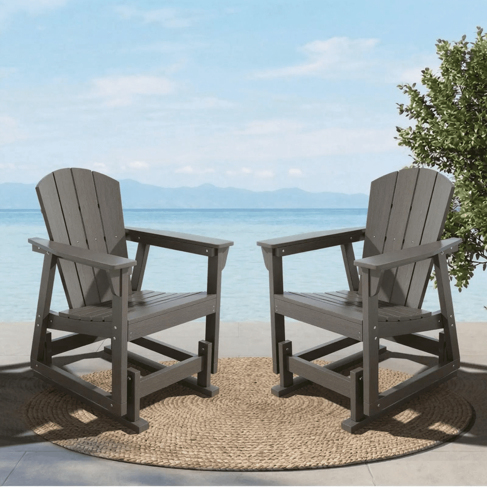 BaPiPro HDPE Adirondack Outdoor Glider Chair, Ergonomic High Back Wide Armrests All-Weather Patio Rocking Chair for Lawn Garden Porch Backyard, Gray