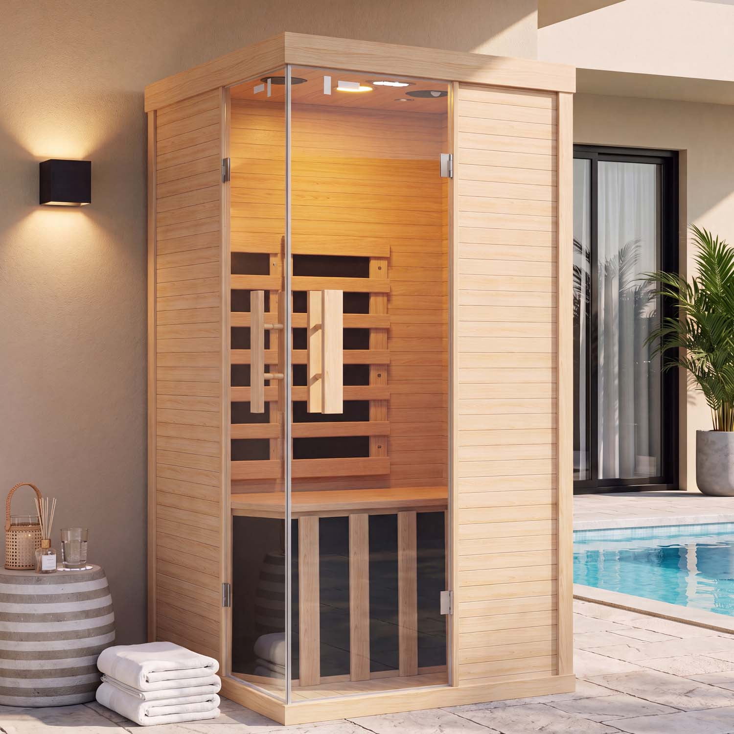 BaPiPro Infrared Sauna, 1-2 Person Home Far Wood Sauna, Canadian Hemlock Dry Sauna Spa Room with Low EMF Carbon Fiber Panels, Indoor Sauna with LED Light & Bluetooth Speaker