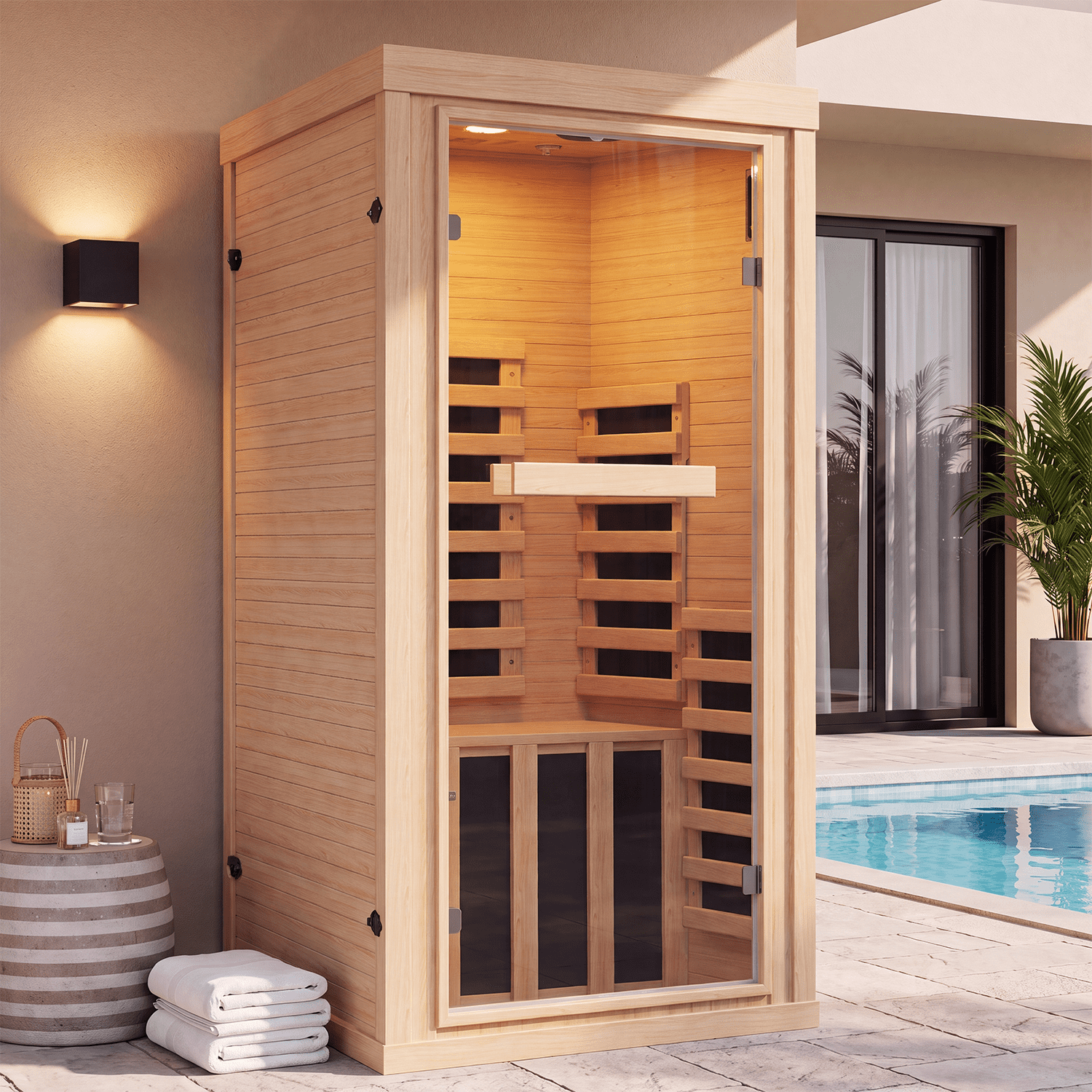 BaPiPro Infrared Sauna, 1-Person Home Far Wood Sauna with Whole Glass, Canadian Hemlock Dry Sauna Spa Room with Low EMF Carbon Fiber Panels, Indoor Sauna with LED Light & Bluetooth Speaker