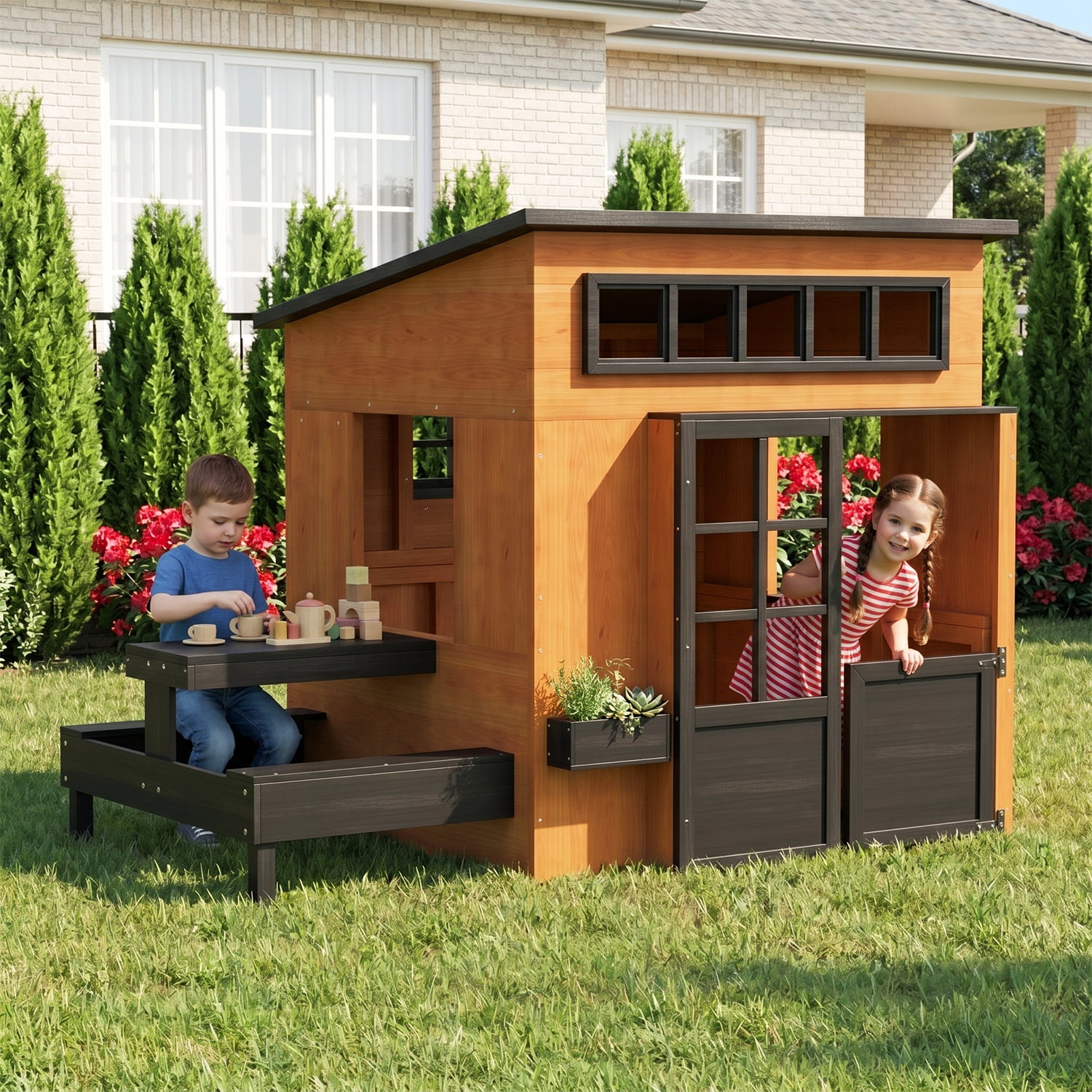 BaPiPro Kids Outdoor Playhouse, Wooden Playhouse for Backyard with Play Kitchen, Table, Bench & Serving Station, Girls Boys Toy Gift for Ages 3-8