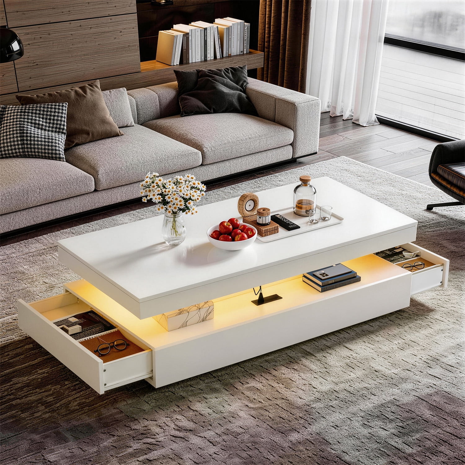 BaPiPro LED Coffee Table with 2 Storage Drawers, Modern Center Table with USB Charging & Smart Control for Living Room, 39" White