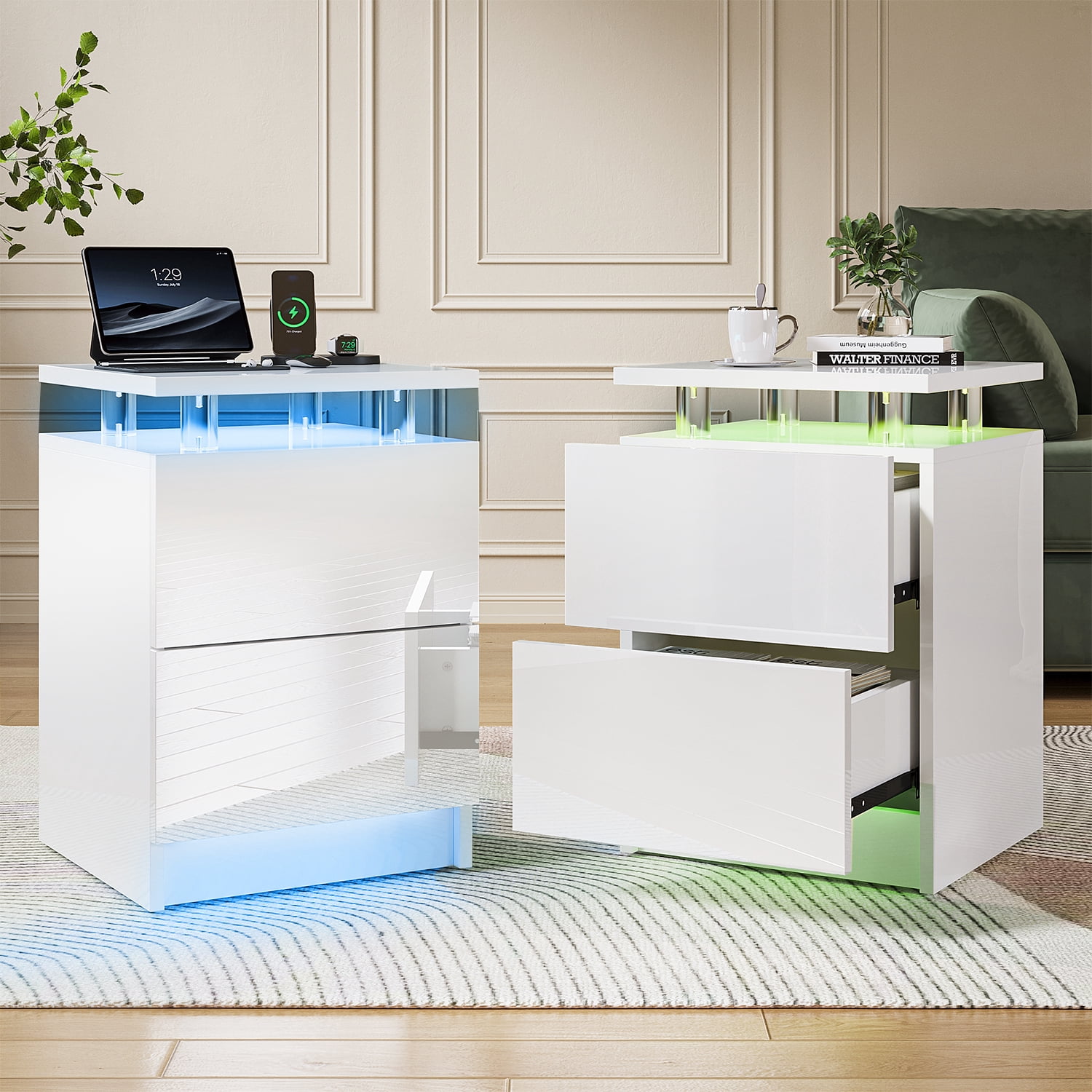 BaPiPro LED Nightstand Set of 2, Modern LED End Table with 2 Drawers, Bedside Table with Lighting for Bedroom, Living Room, White