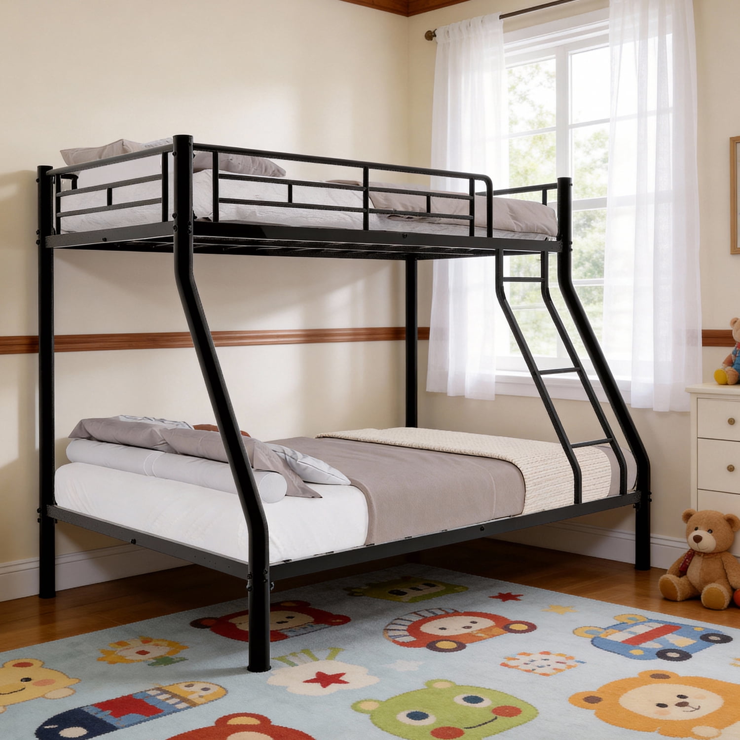 BaPiPro Metal Bunk Bed Twin Over Full Size with Removable Stairs, Heavy Duty Metal Frame with 12" Under-Bed Storage for Teens & Adults, No Box Spring Needed, Black