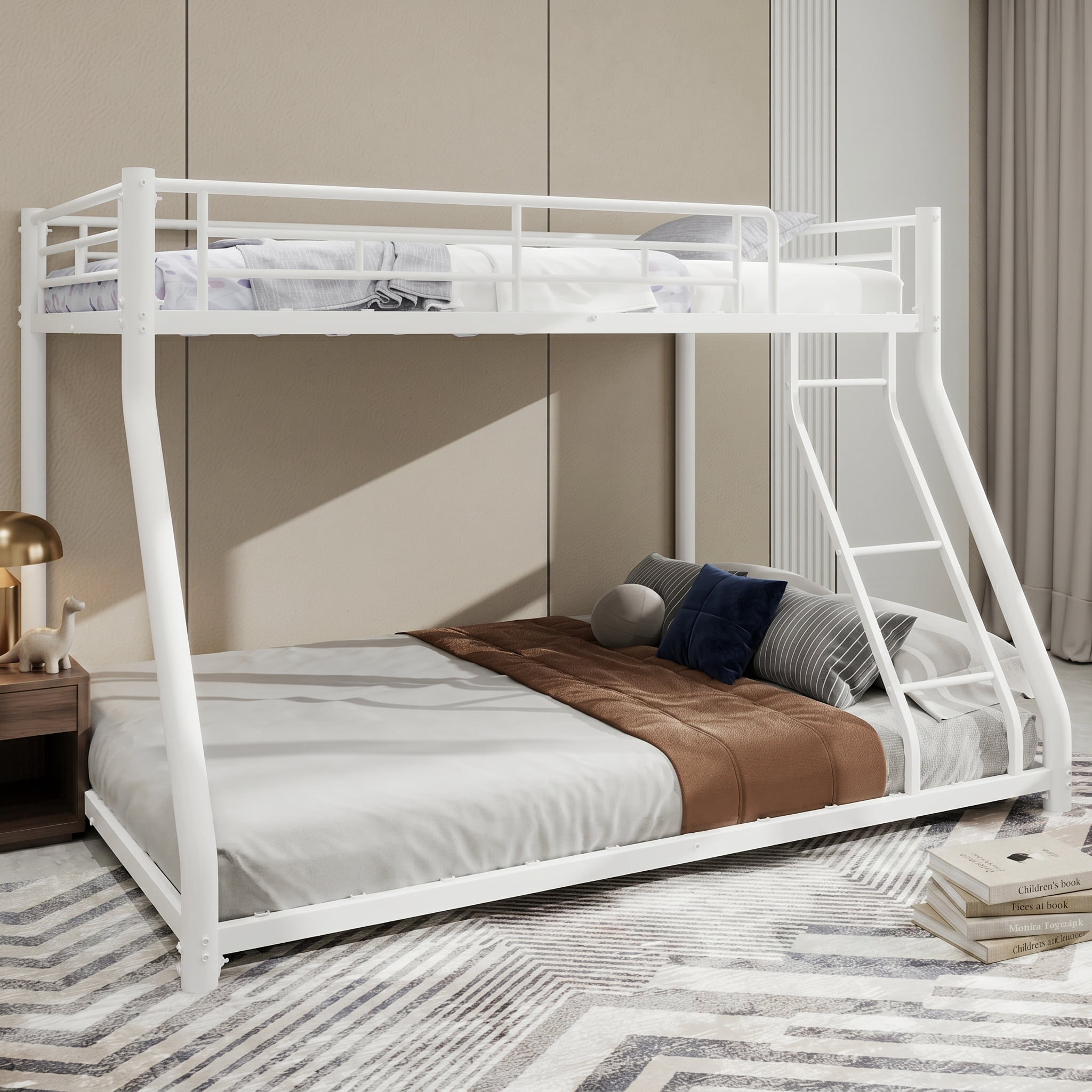 BaPiPro Metal Bunk Bed Twin Over Full Size with Removable Stairs, Heavy Duty Metal Frame for Teens & Adults, No Box Spring Needed, White