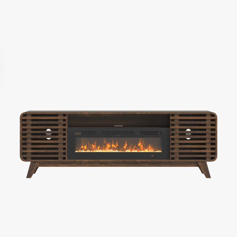 BaPiPro Mid‑Century Modern Fireplace TV Stand with 36 Inch Electric Fireplace 12‑Color RGB LED Lights Fits TVs up to 80 Inch Wood Media Console with Slatted Sliding Doors for Living Room Brown